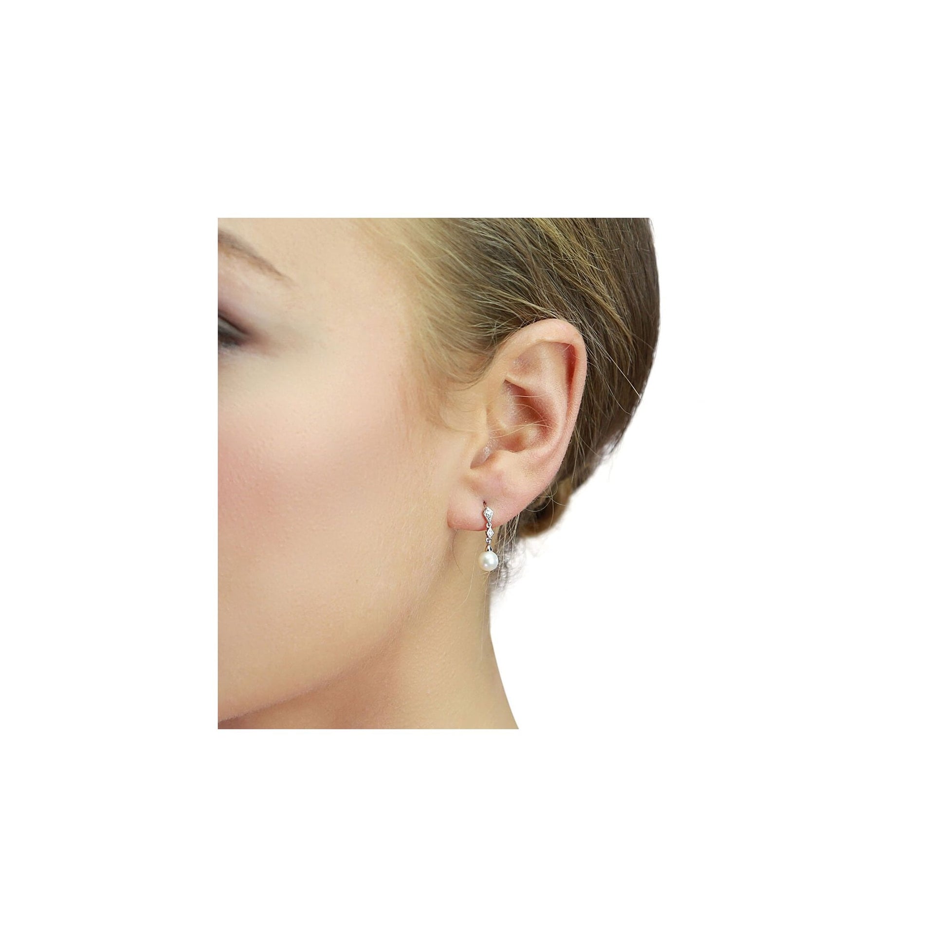 9ct White Gold Deco Style Diamond & Freshwater Pearl Drop Earrings