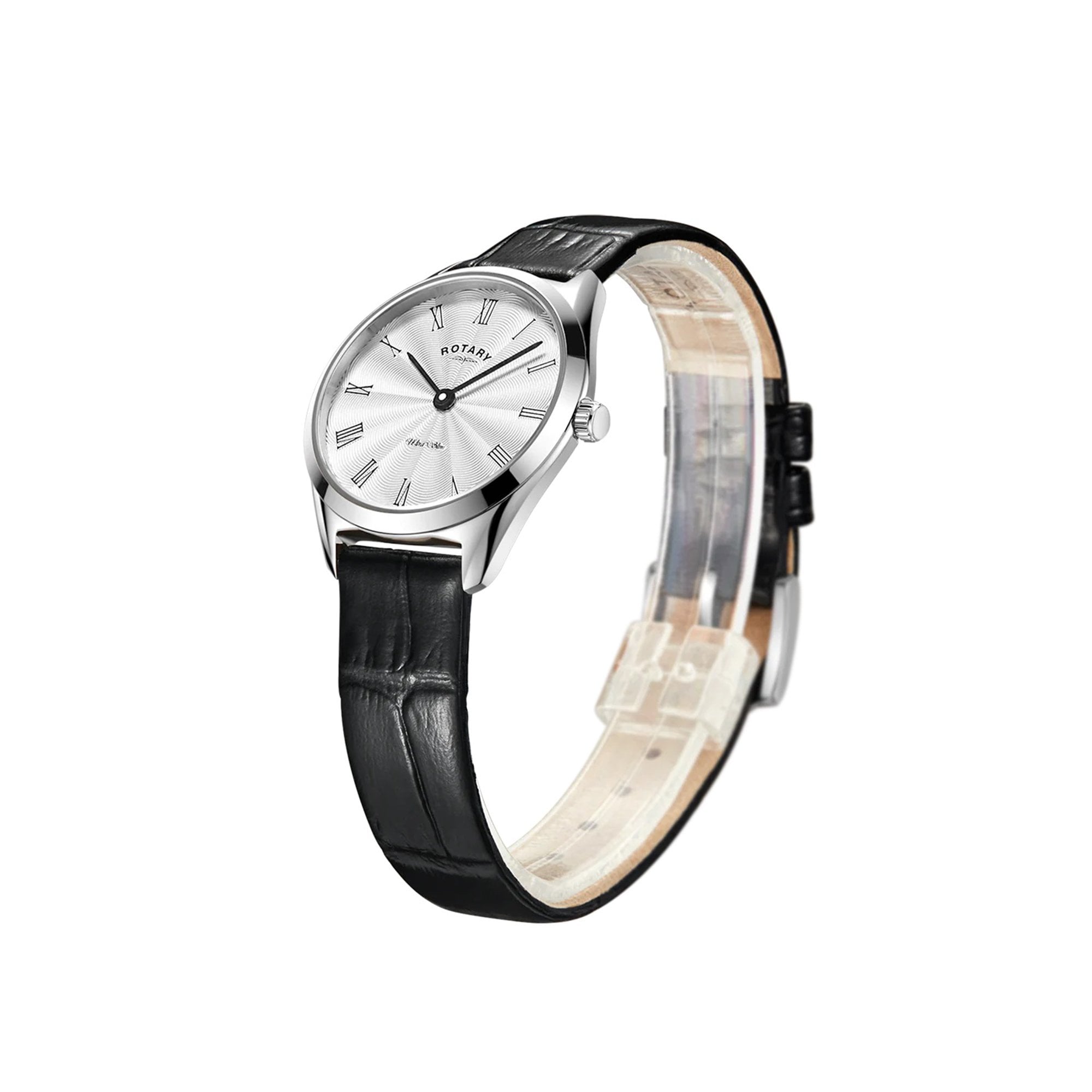 Women's Ultra Slim Stainless Steel Watch with Roman Numerals and a Black Leather Strap