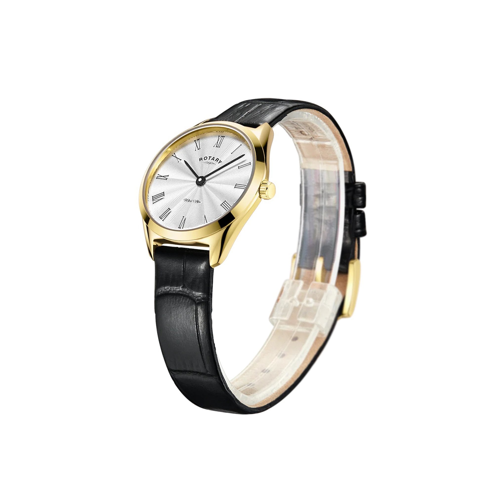 Women's Ultra Slim Watch Finished in Gold PVD with Round Dial and Black Leather Strap LS08013/01
