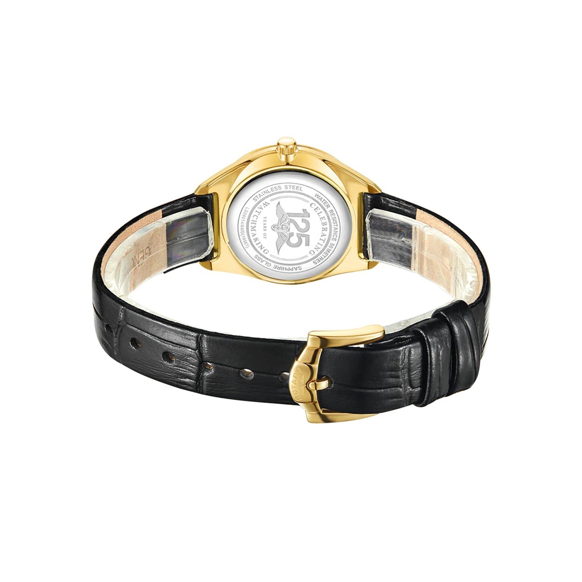 Women's Ultra Slim Watch Finished in Gold PVD with Round Dial and Black Leather Strap