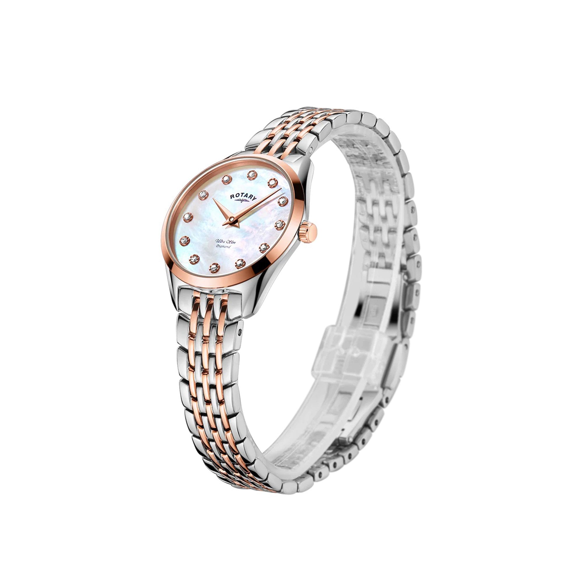 Women's Ultra Slim Steel and Rose Gold Plate with Mother of Pearl and Diamond Dot Dial