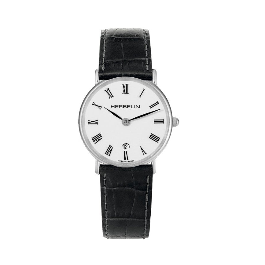 Women's Herbelin Classiques Watch with Round Clear Face and Black Leather Strap
