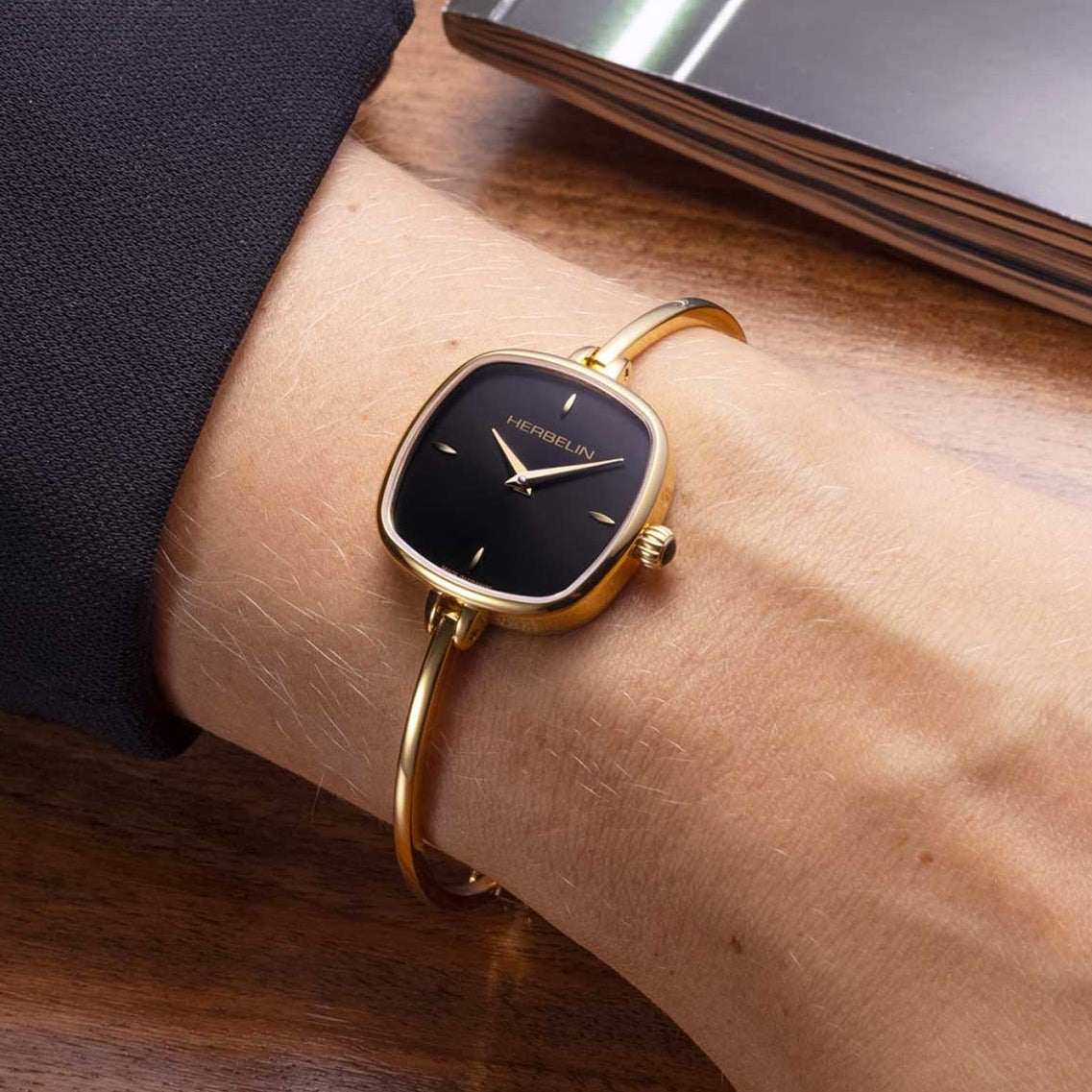 Women's Herbelin Fil Gold PVD Bangle Watch With Black Dial