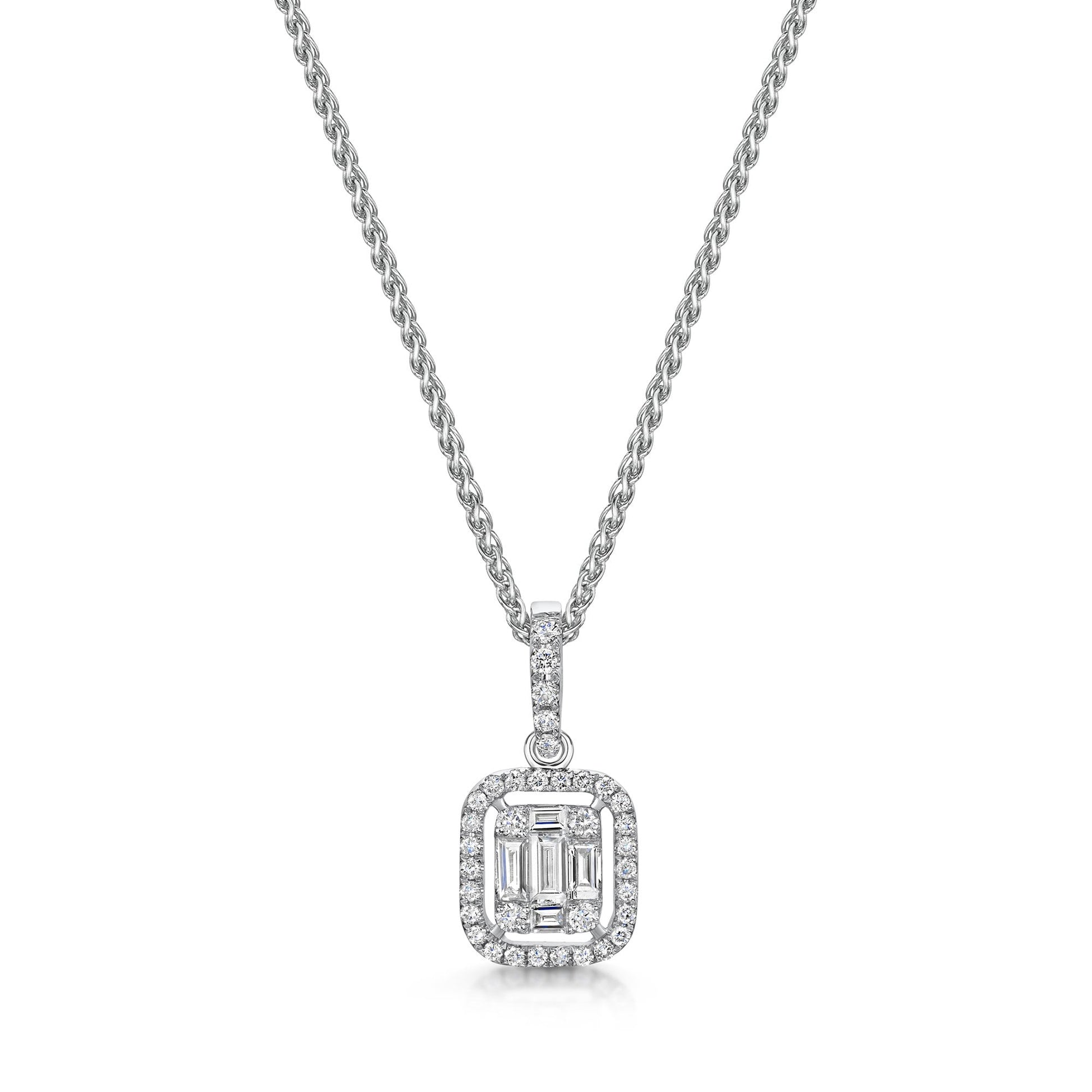 Art Deco Inspired Diamond Pendant Necklace with Baguette Cut Centre 0.42ct