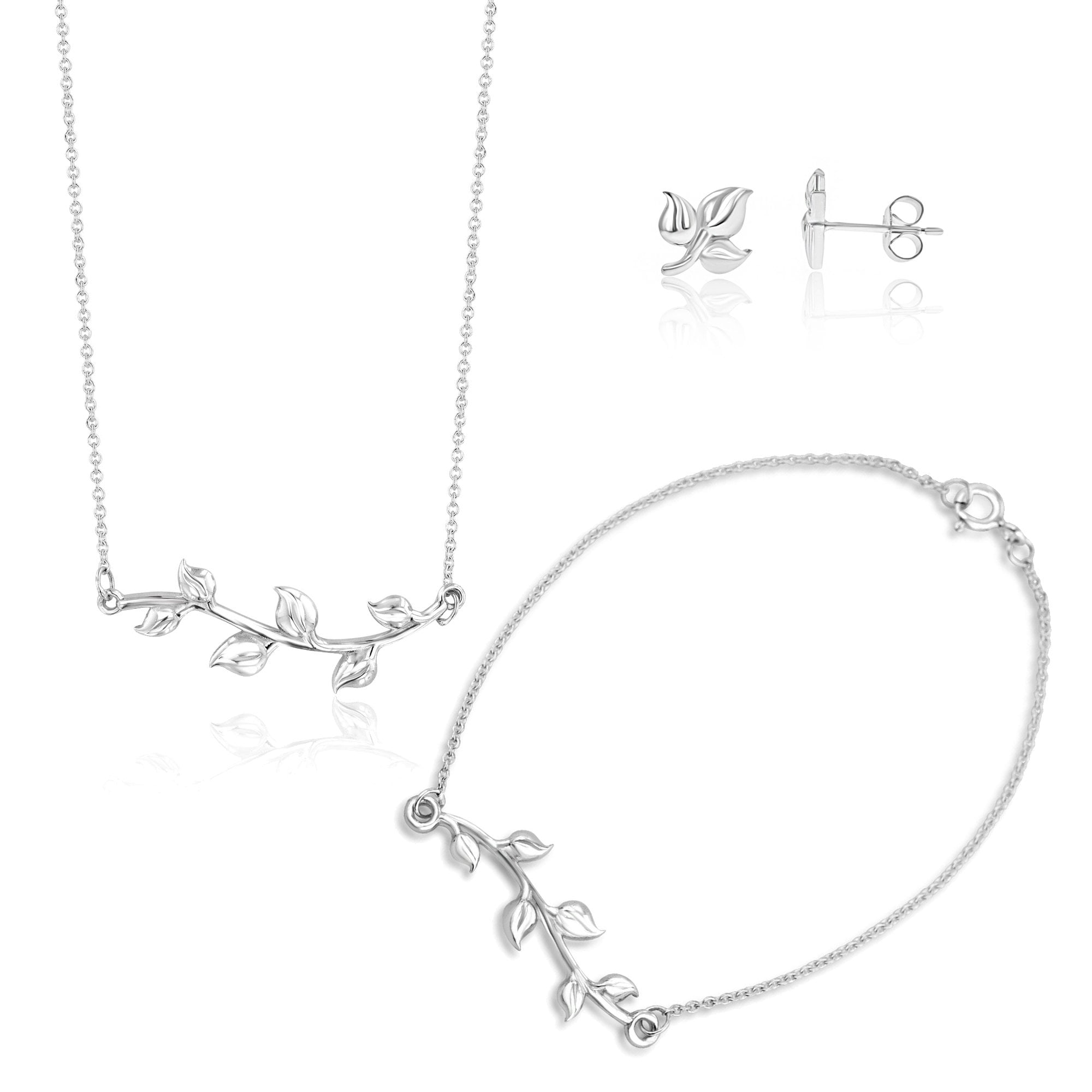 Sterling Silver Leaf Necklace, Earring and Bracelet Gift Set