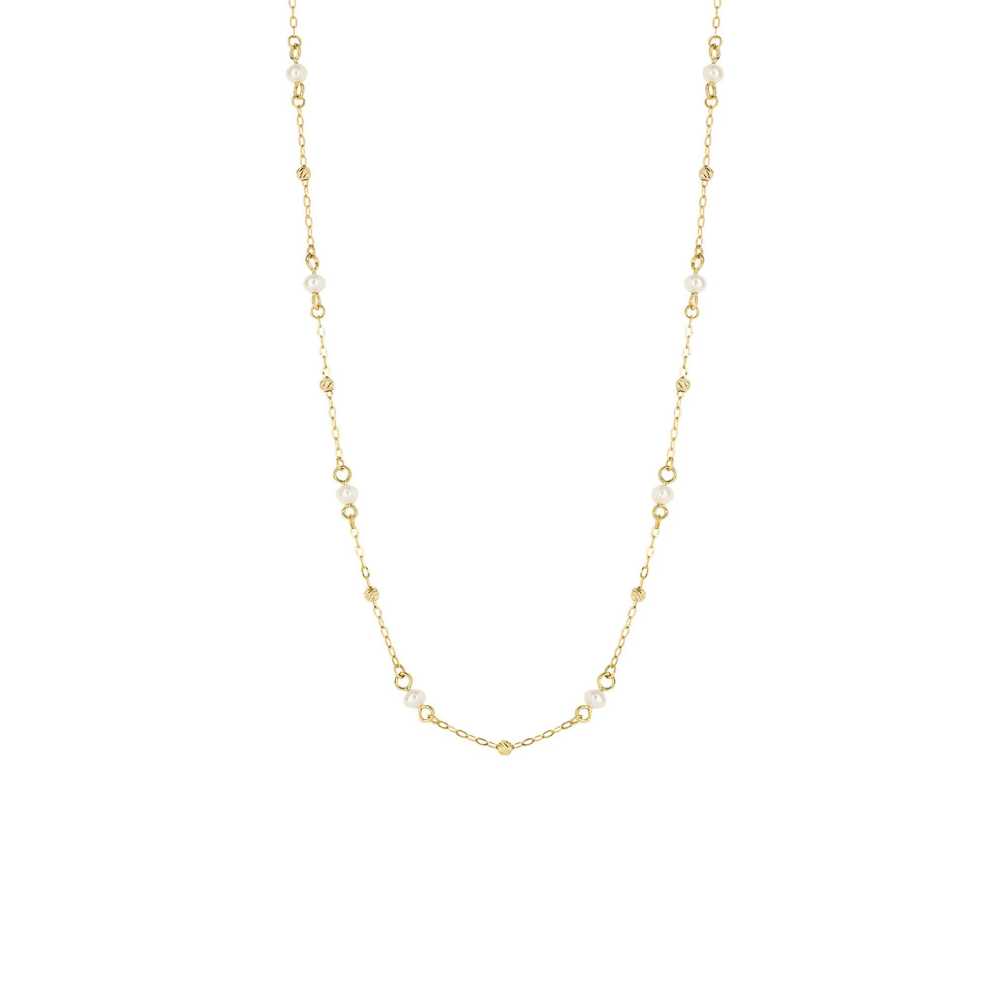 9ct Yellow Gold Fine Chain Necklace With Faceted Beads & Pearls