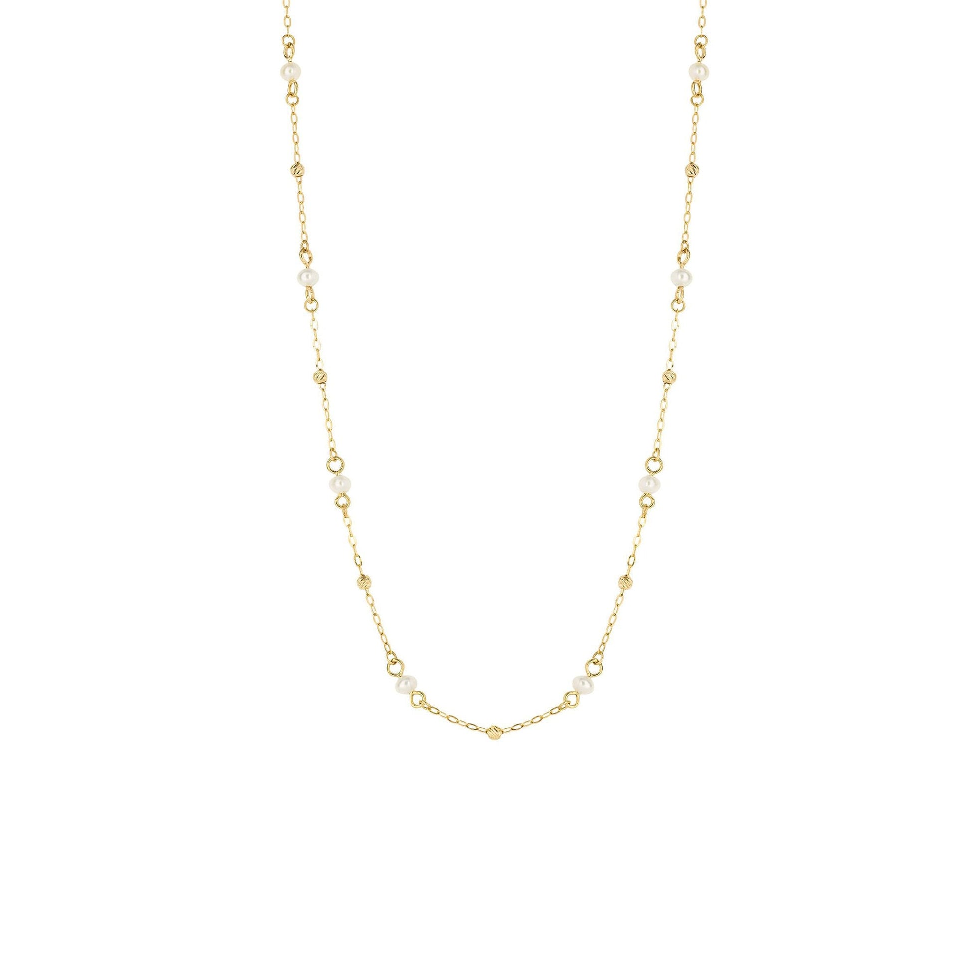 9ct Yellow Gold Fine Chain Necklace With Faceted Beads & Pearls