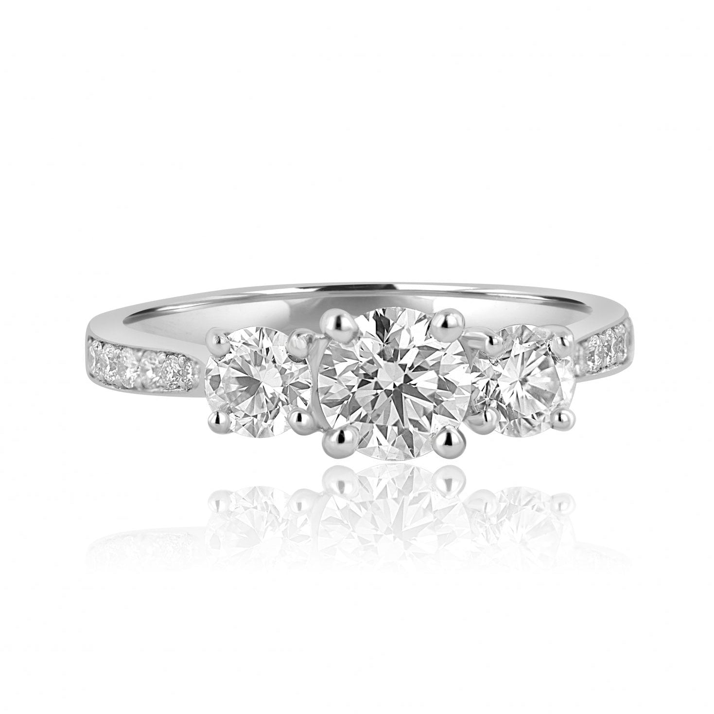 Platinum 1.32ct Total Three Stone Round Diamond Ring With Diamond Shoulders