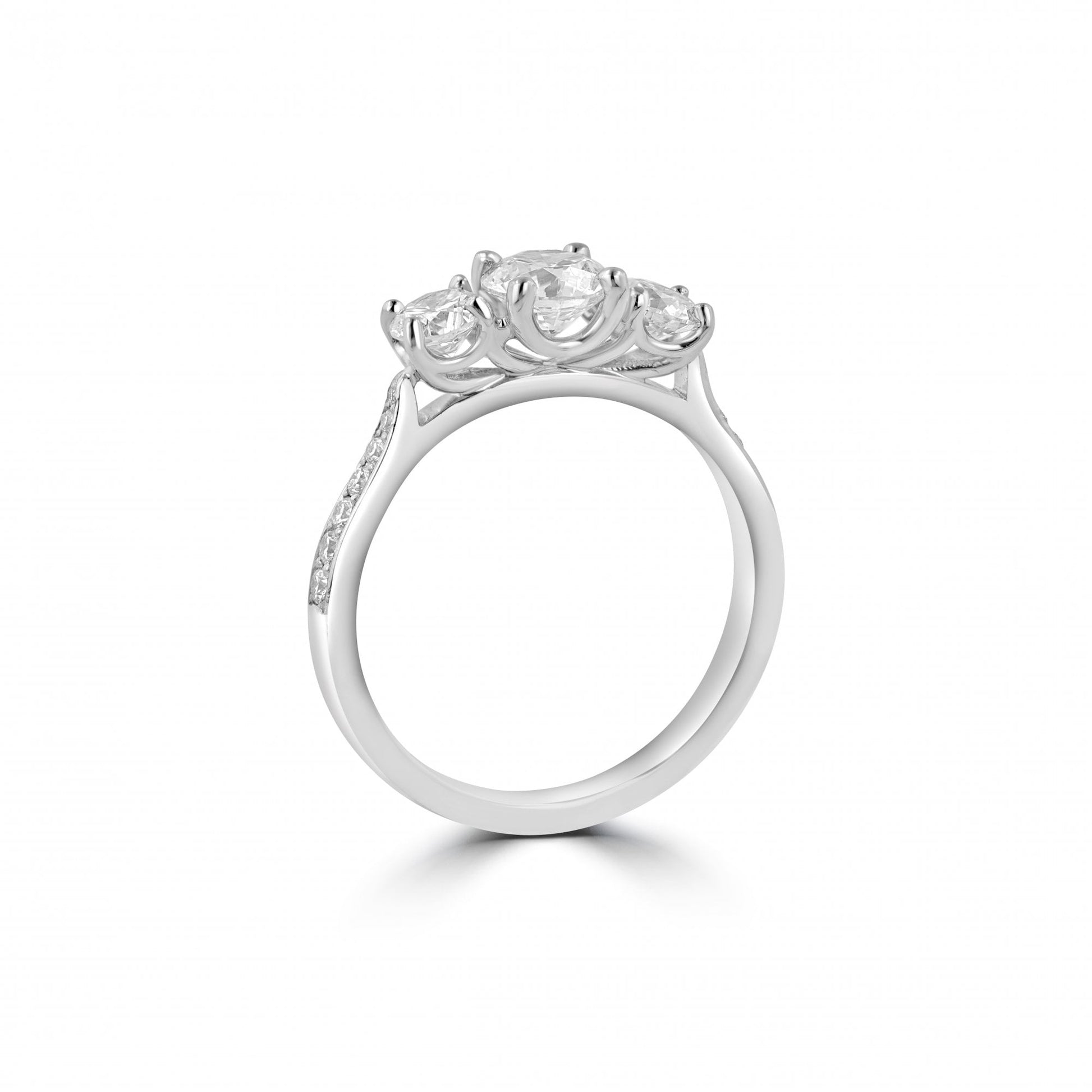 Platinum 1.32ct Total Three Stone Round Diamond Ring With Diamond Shoulders