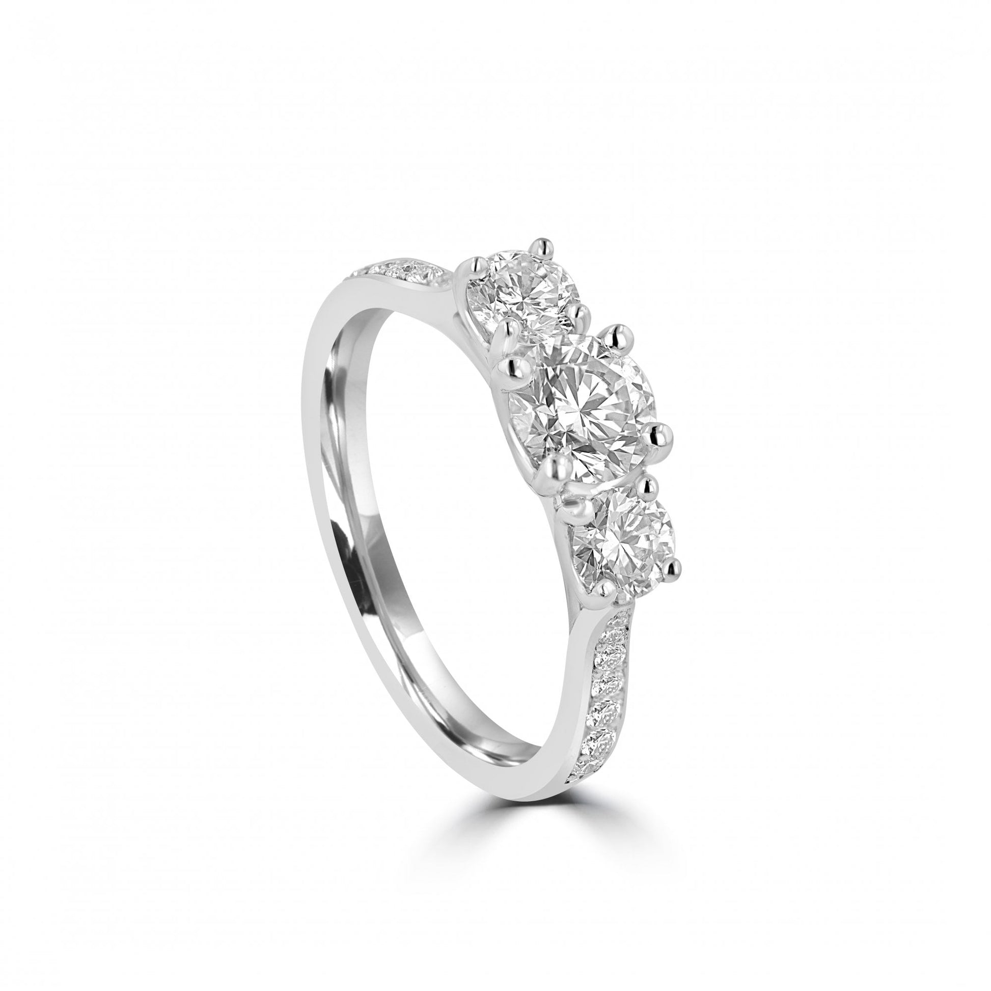 Platinum 1.32ct Total Three Stone Round Diamond Ring With Diamond Shoulders