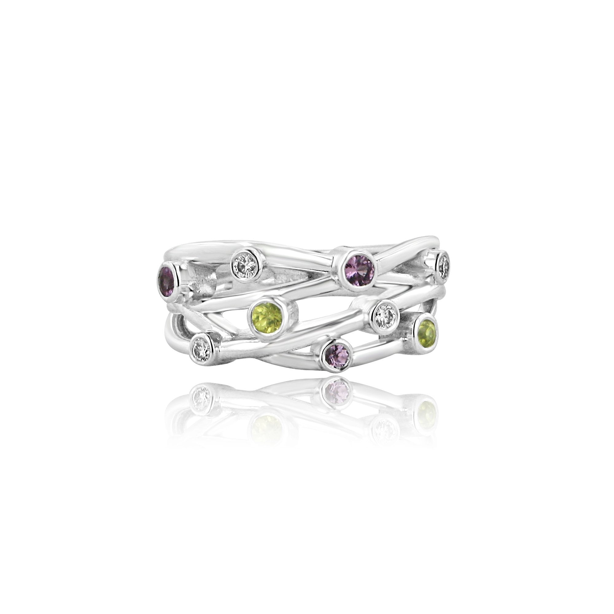 9ct White Gold Diamond, Pink and Yellow Sapphire Multi Strand 'Cascata' Ring