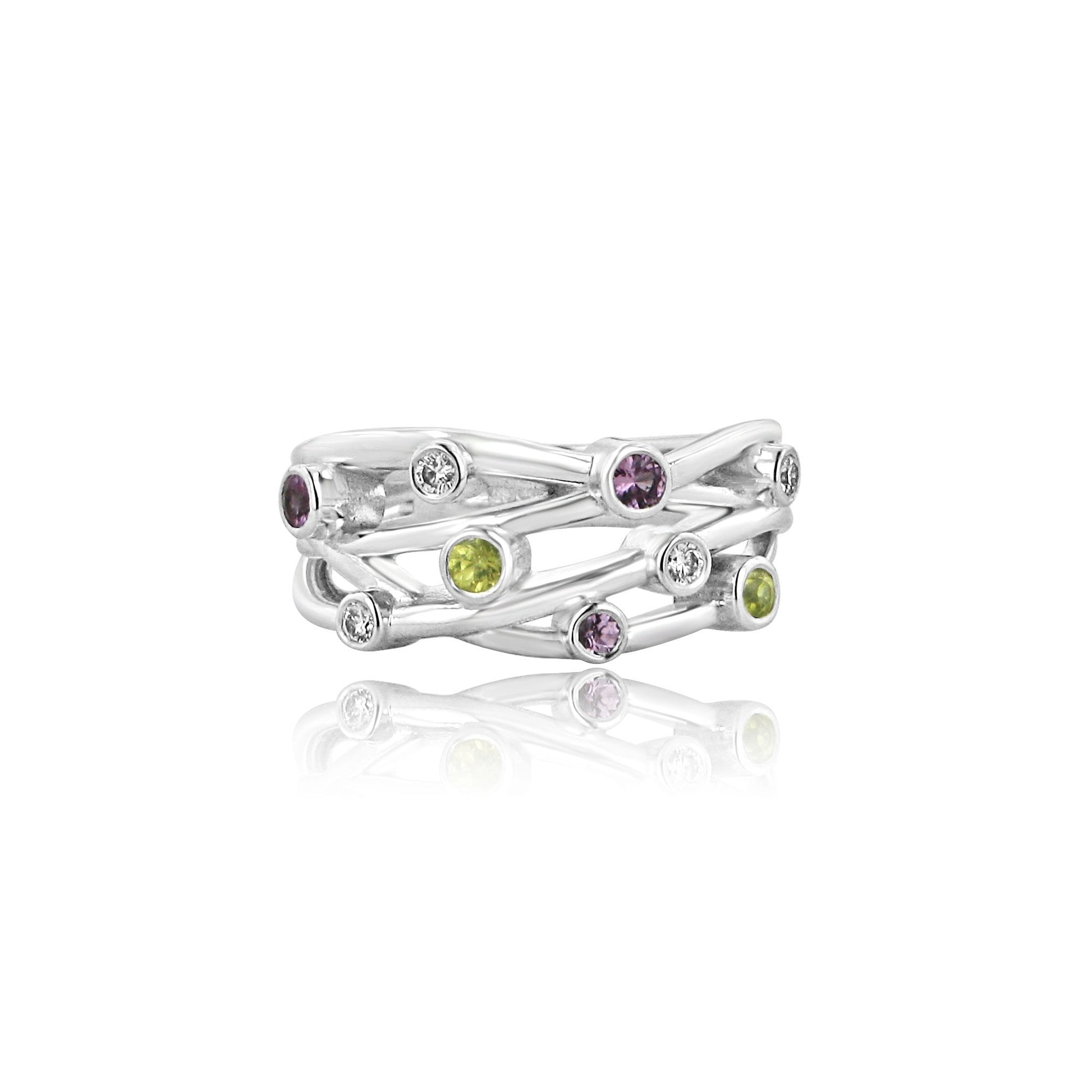 9ct White Gold Diamond, Pink and Yellow Sapphire Multi Strand 'Cascata' Ring