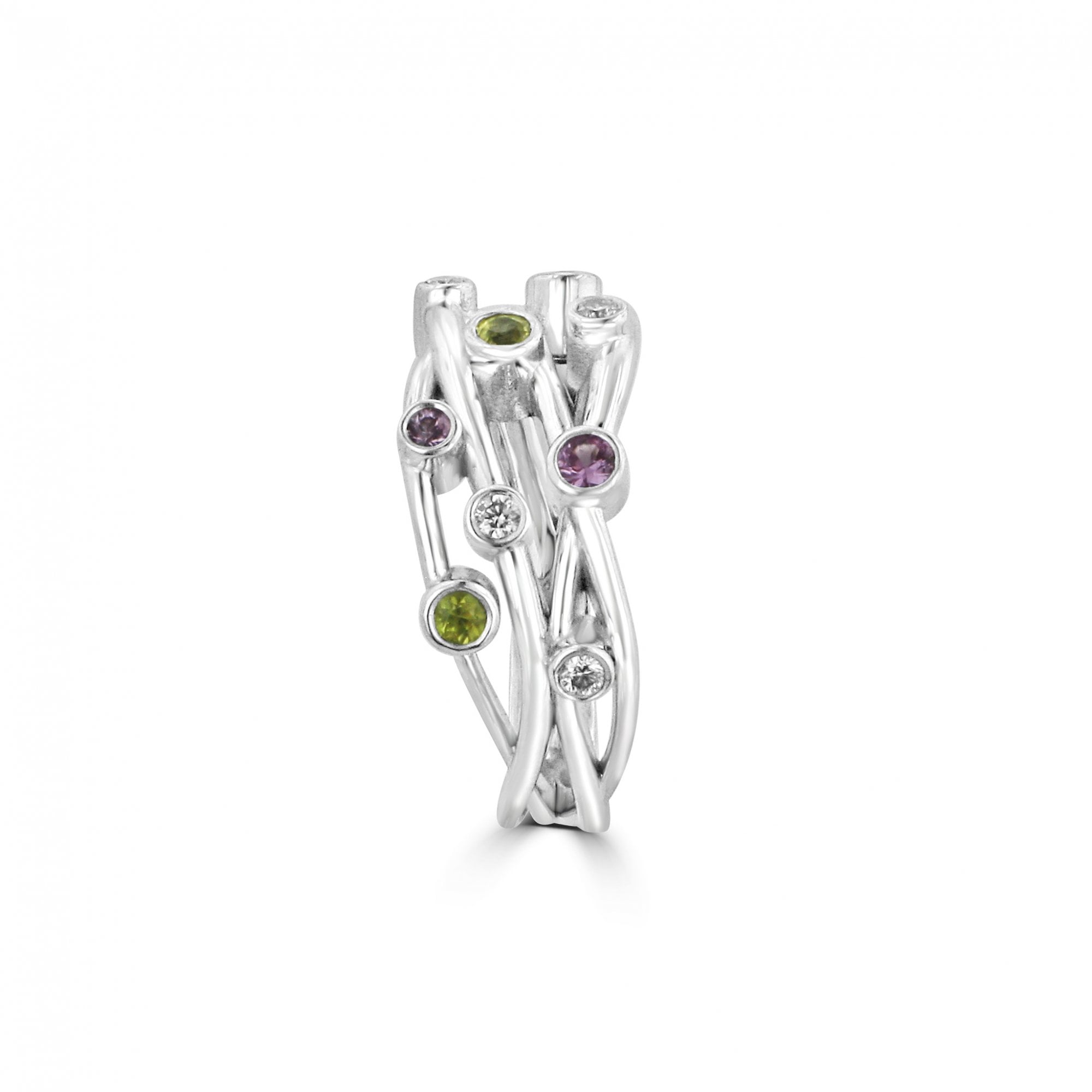 9ct White Gold Diamond, Pink and Yellow Sapphire Multi Strand 'Cascata' Ring