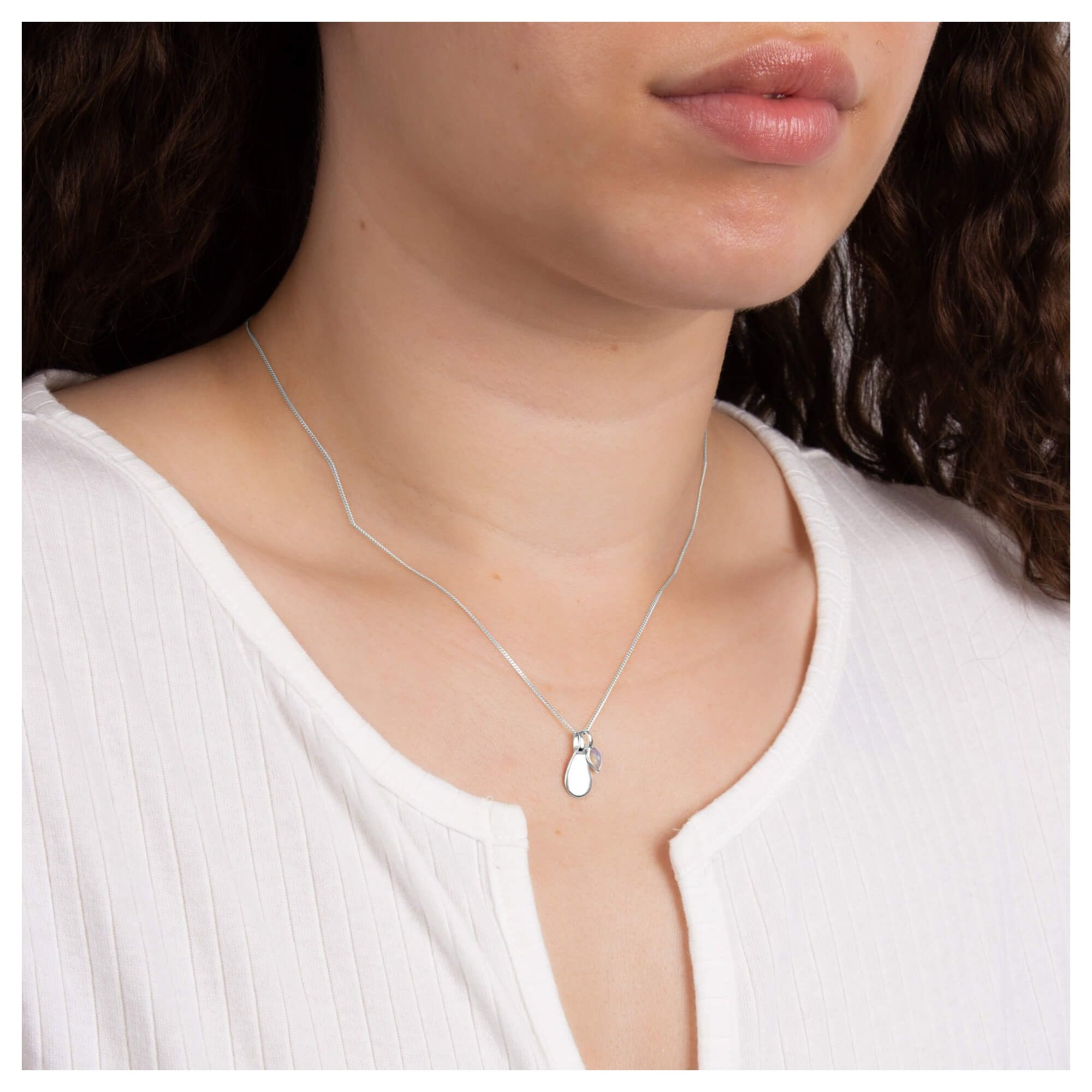 White Opal Droplet October Birthstone Tag Necklace