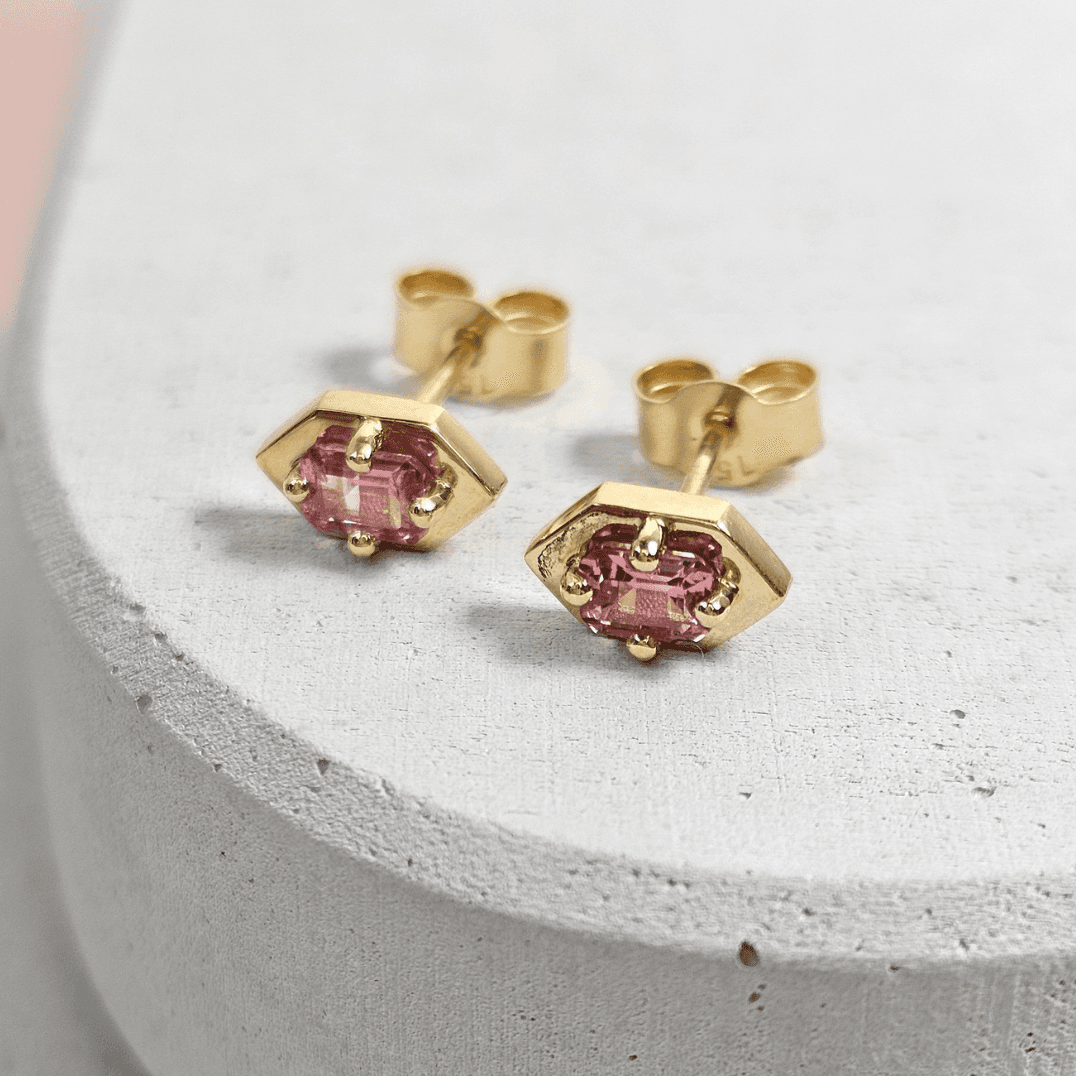 'Beat' Rectangular Step Cut Pink Sapphire Stud Earrings in 18ct Yellow Gold