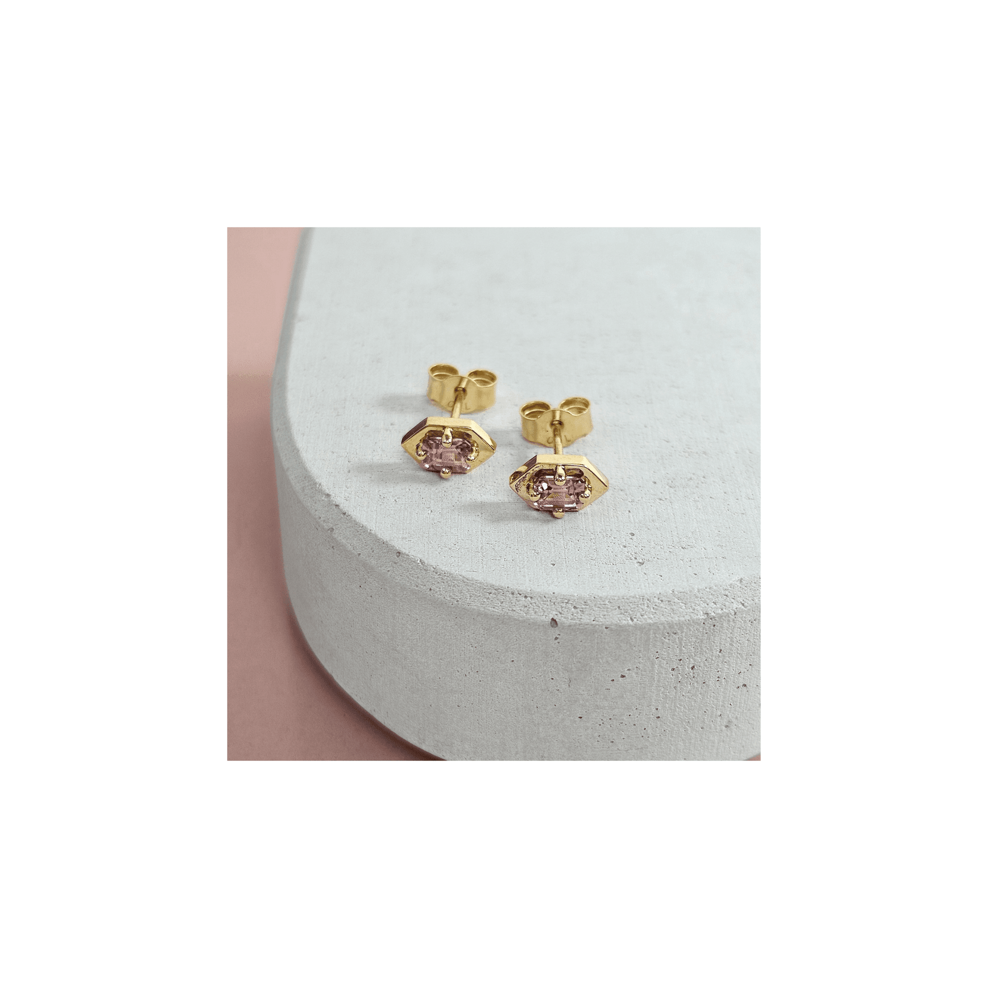 'Beat' Rectangular Step Cut Pink Sapphire Stud Earrings in 18ct Yellow Gold