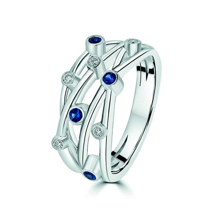 9ct White Gold Sapphire 0.355ct Diamond 0.058 Total Cascata Ring