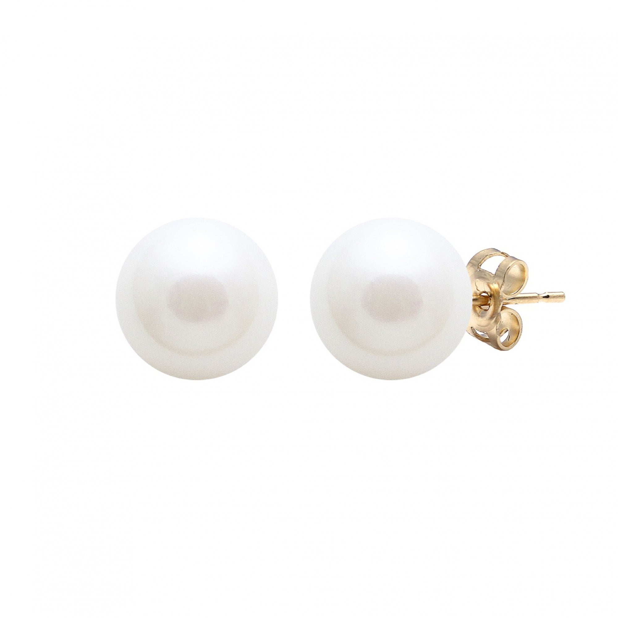 9CT Yellow Gold White Round Cultured Freshwater Pearl Earrings 10-11mm