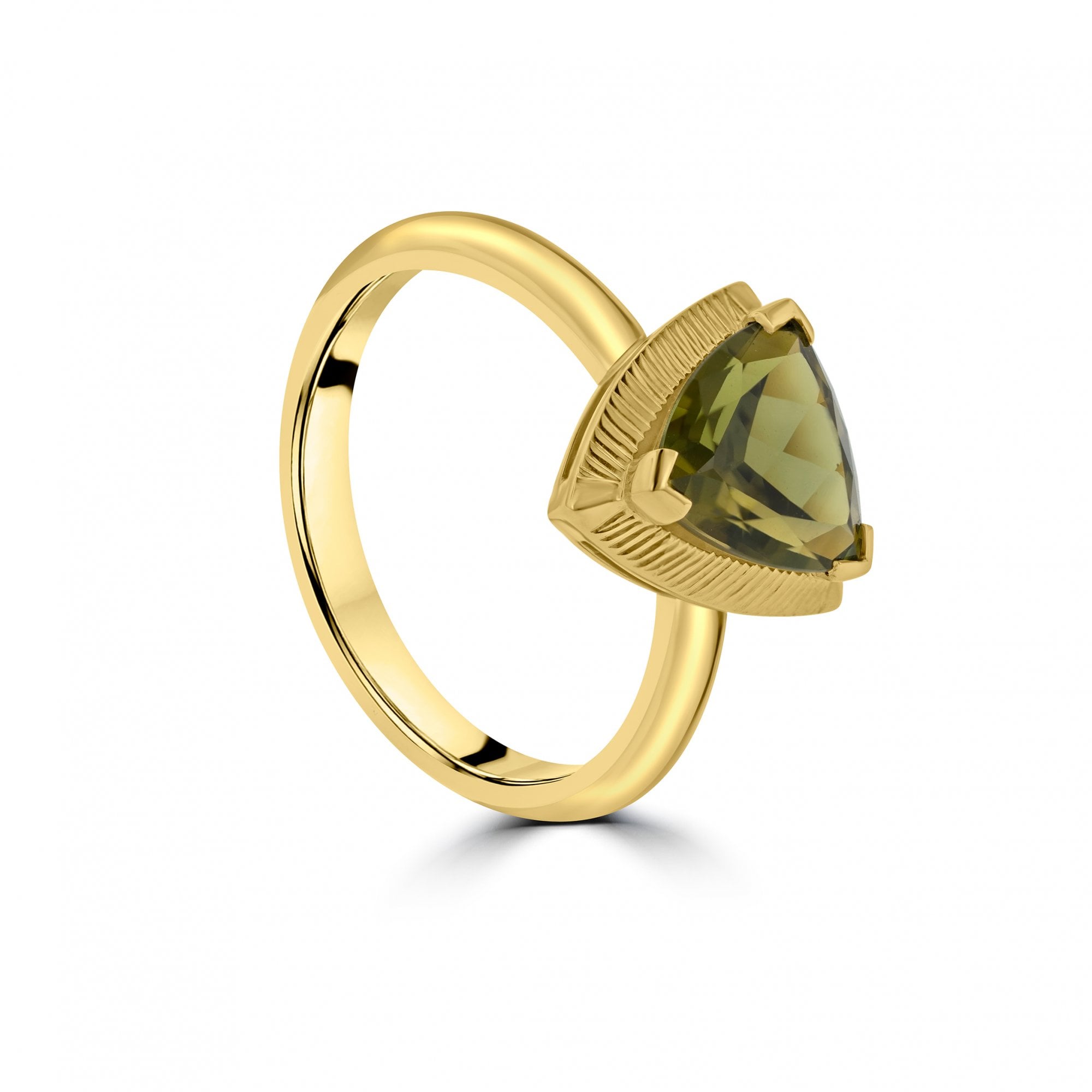 Trilliant Green Sapphire 18ct Yellow Gold Ring with Engraved Bezel