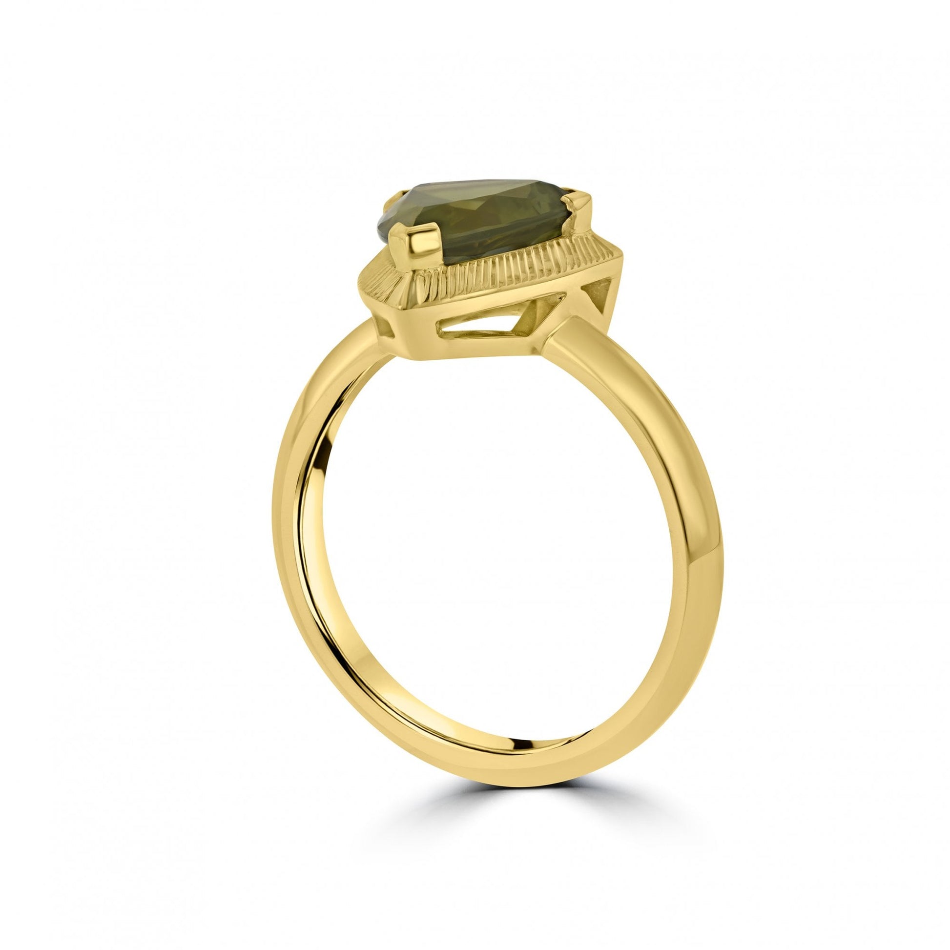 Trilliant Green Sapphire 18ct Yellow Gold Ring with Engraved Bezel