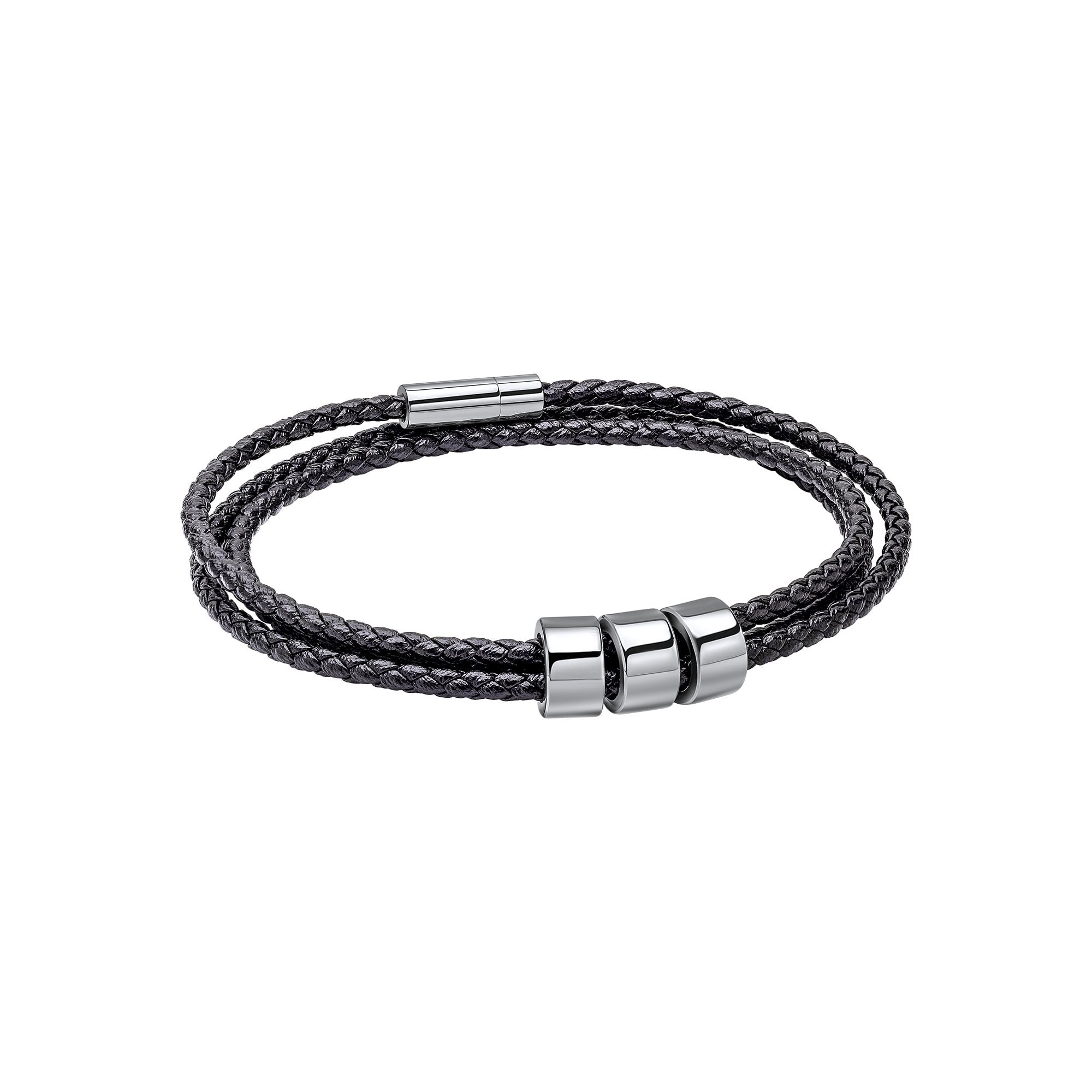 Fred Bennet Black Leather 3 Rows Plaited Bracelet with Stainless Steel Magnetic Clasps