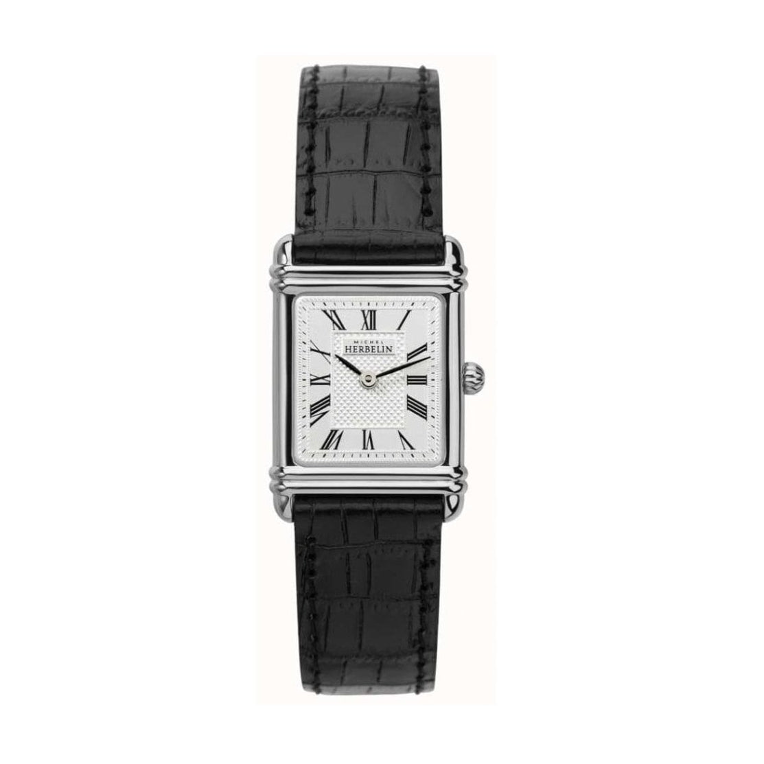Ladies Herbelin Art Deco in Stainless Steel with Rectangular Textured Roman Dial and Black Leather Strap