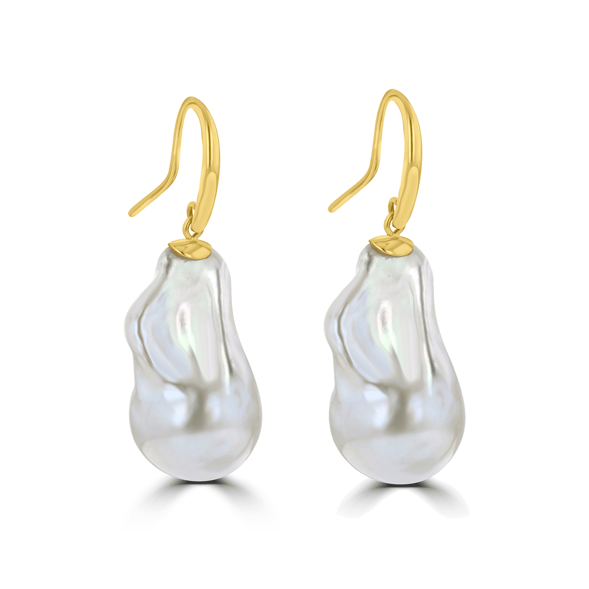 9ct Yellow Gold Shepherd's Hook Drop Earrings with Large White Baroque Freshwater Pearls