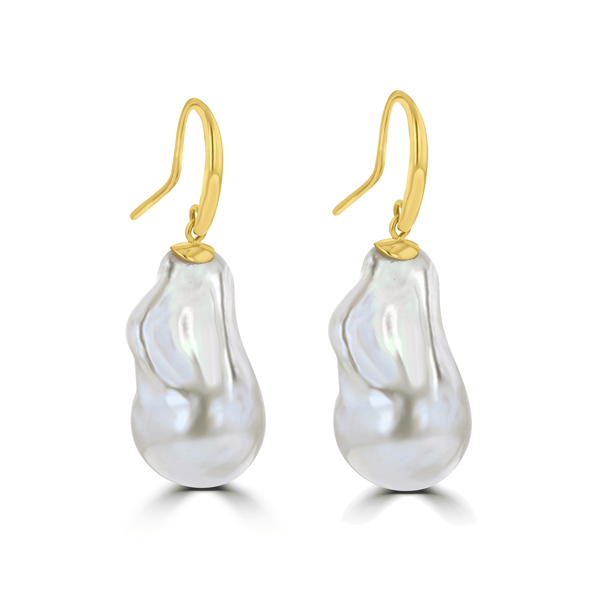 9ct Yellow Gold Shepherd's Hook Drop Earrings with Large White Baroque Freshwater Pearls