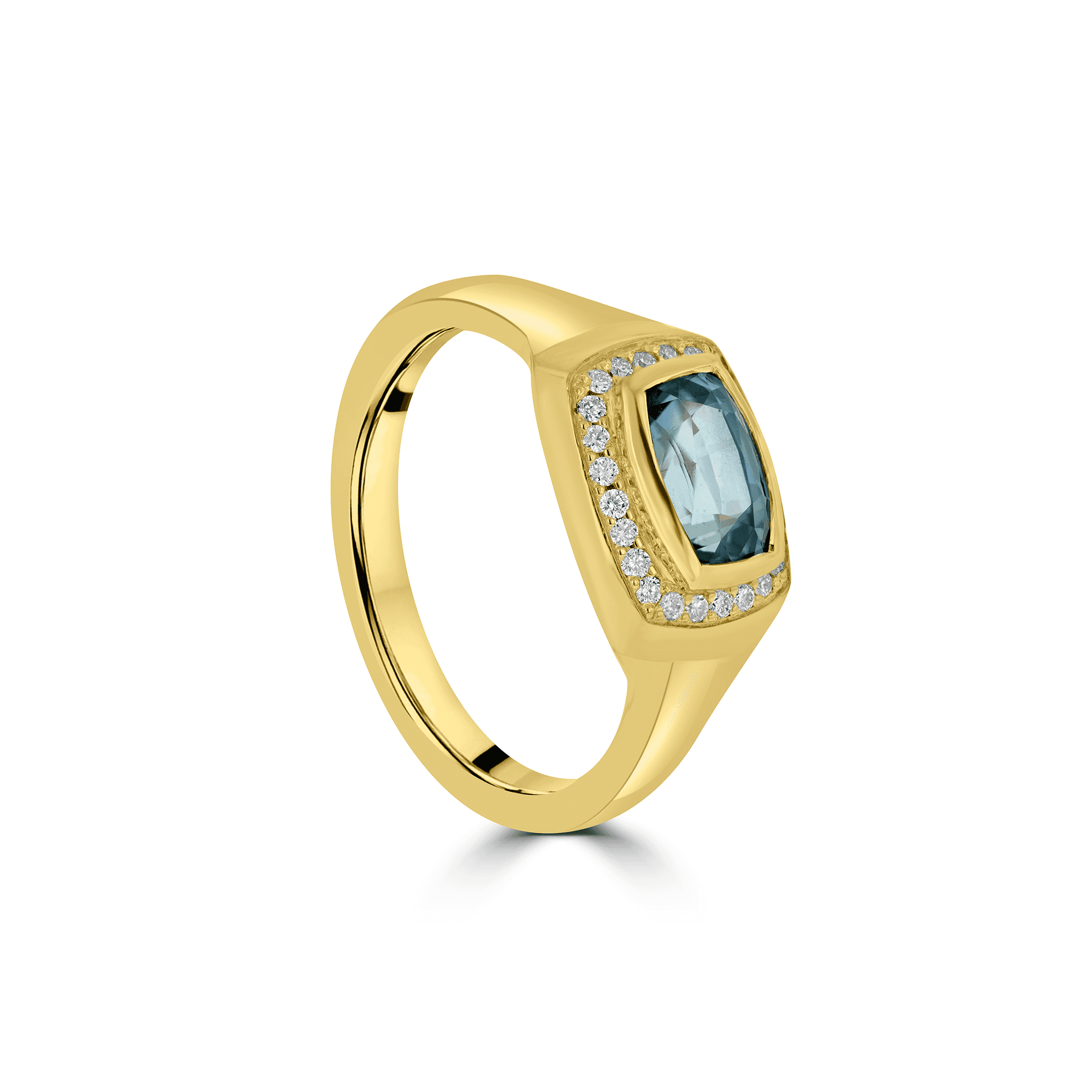 18ct Yellow Gold Signet-Style Sapphire Dress Ring with Diamond Halo