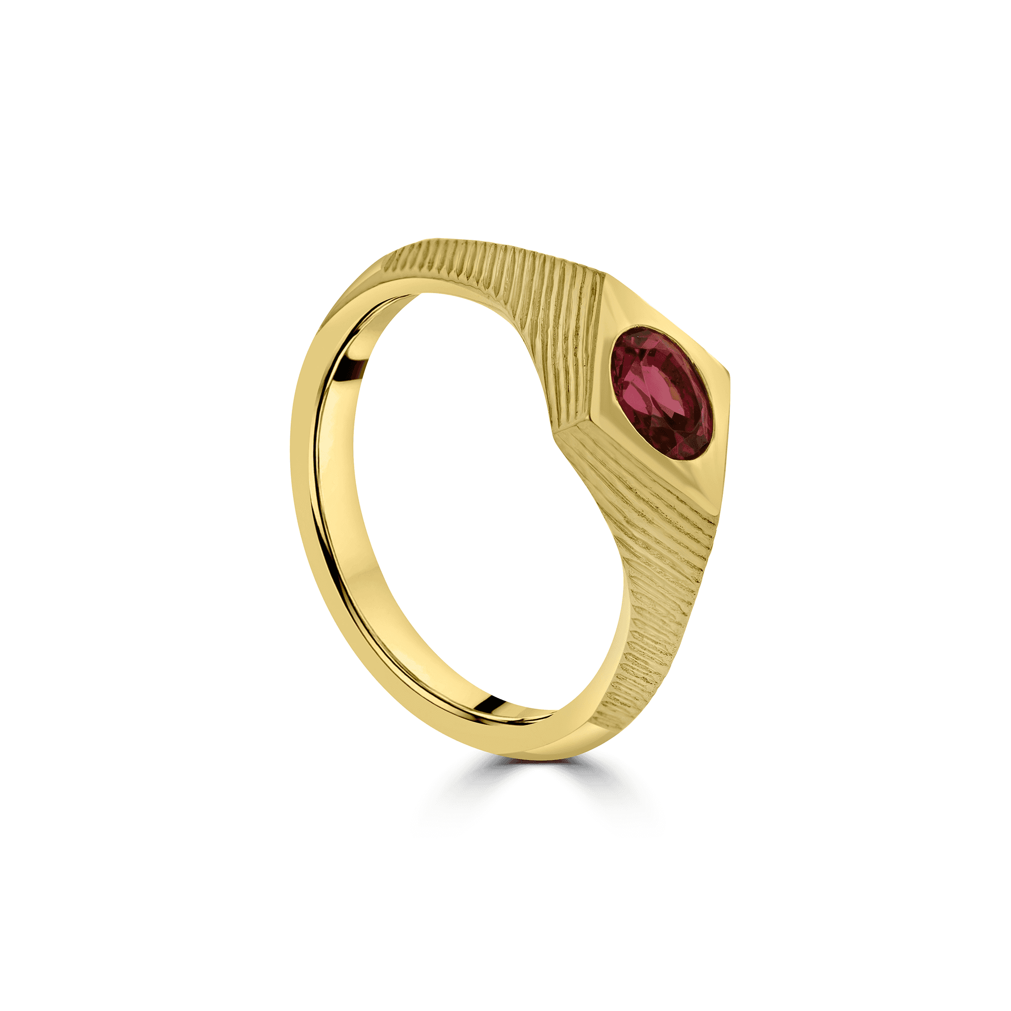 18ct Yellow Gold, Ridge Detail, Flush Set Pink Oval Spinel Dress Ring