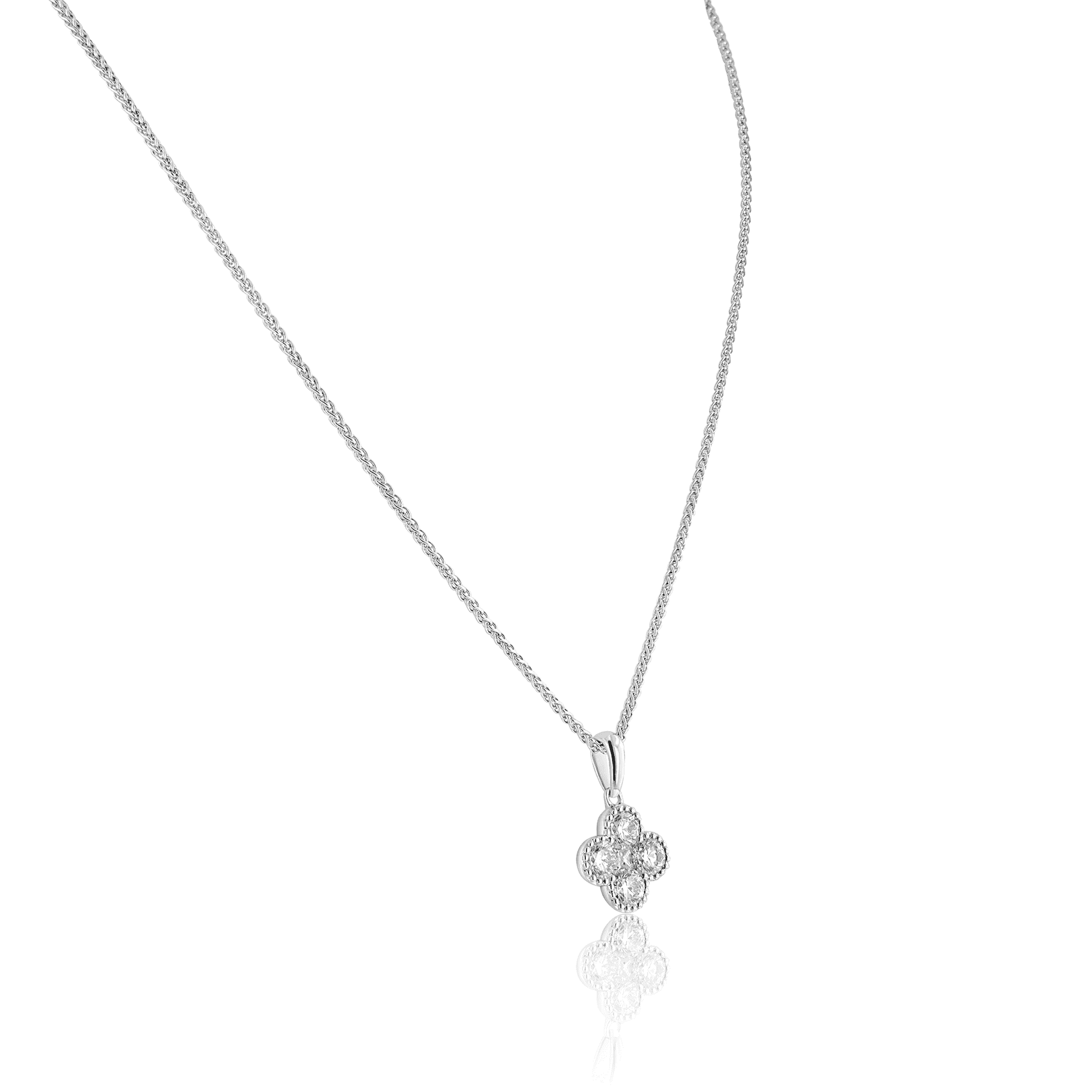 18ct White Gold Four Leaf Clover Shaped Pendant with Adjustable 16-18" Spiga Chain