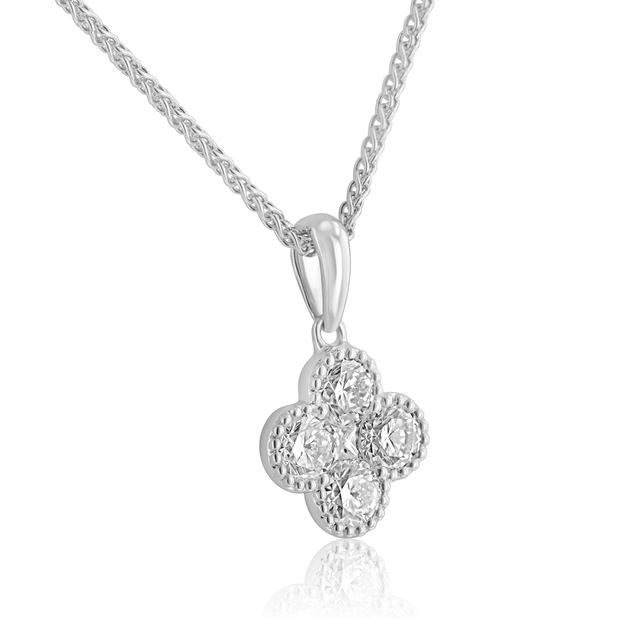 18ct White Gold Four Leaf Clover Shaped Pendant with Adjustable 16-18" Spiga Chain