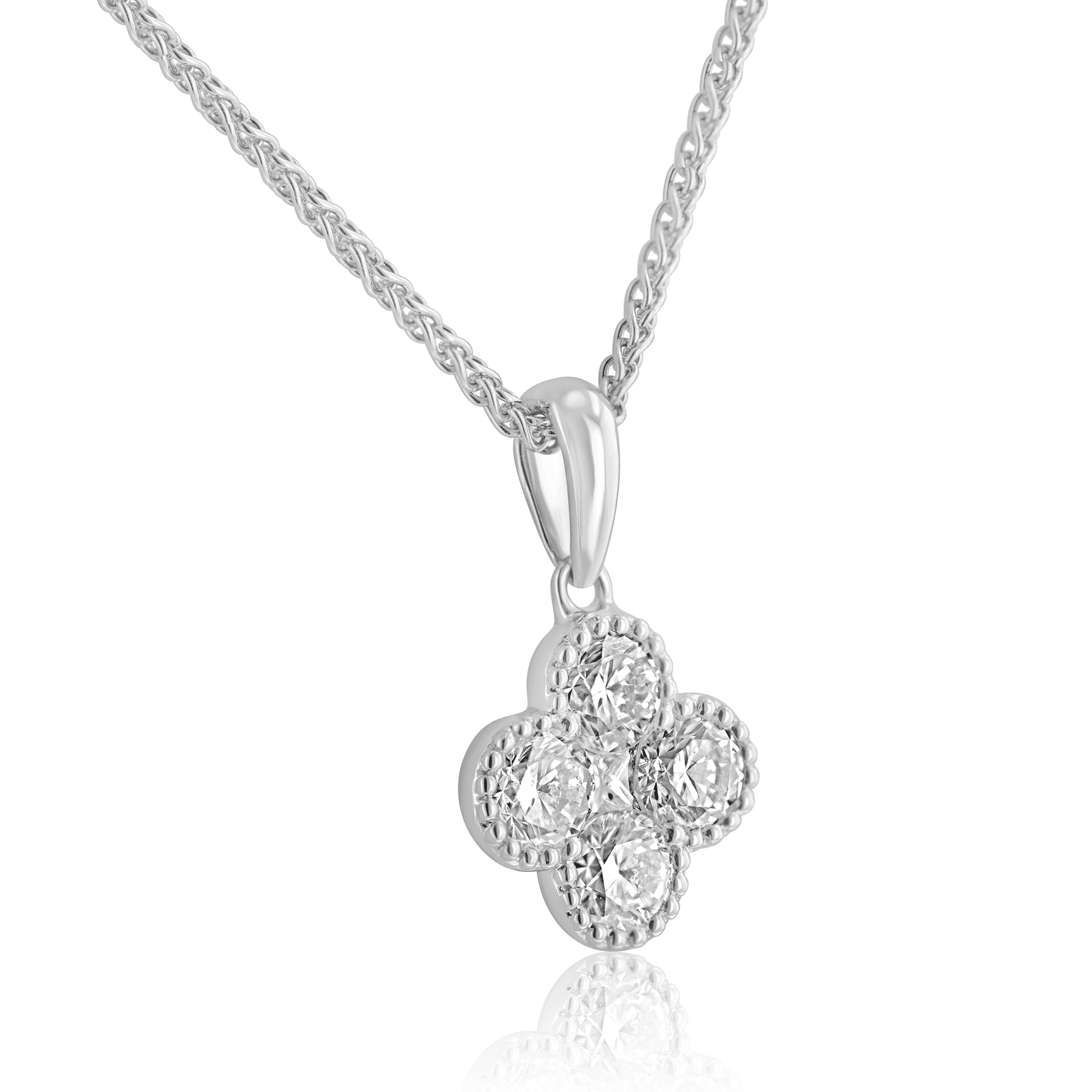 18ct White Gold Four Leaf Clover Shaped Pendant with Adjustable 16-18" Spiga Chain