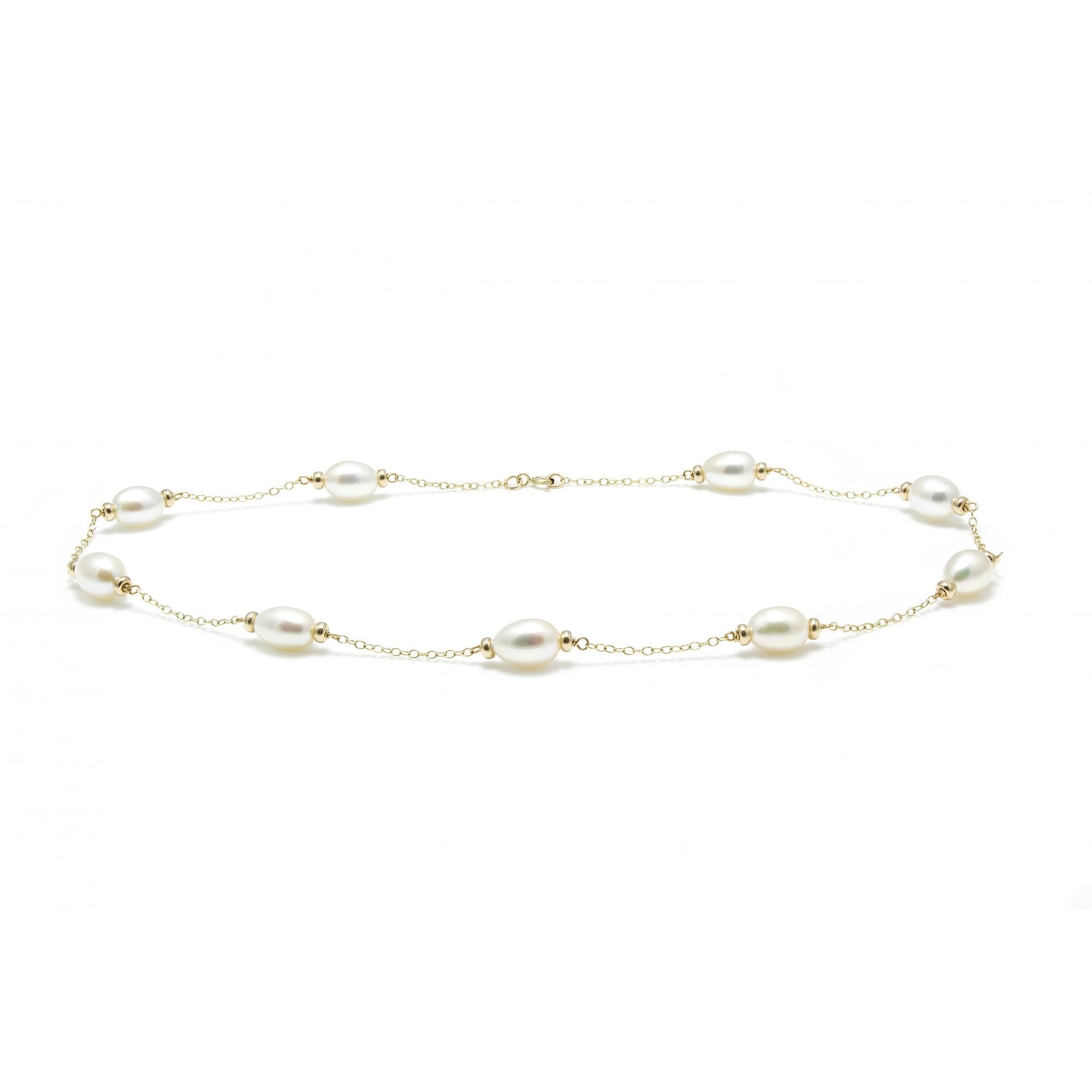 9ct Yellow Gold Trace Chain with Rondelle Beads and 9x White Cultured Freshwater Pearls