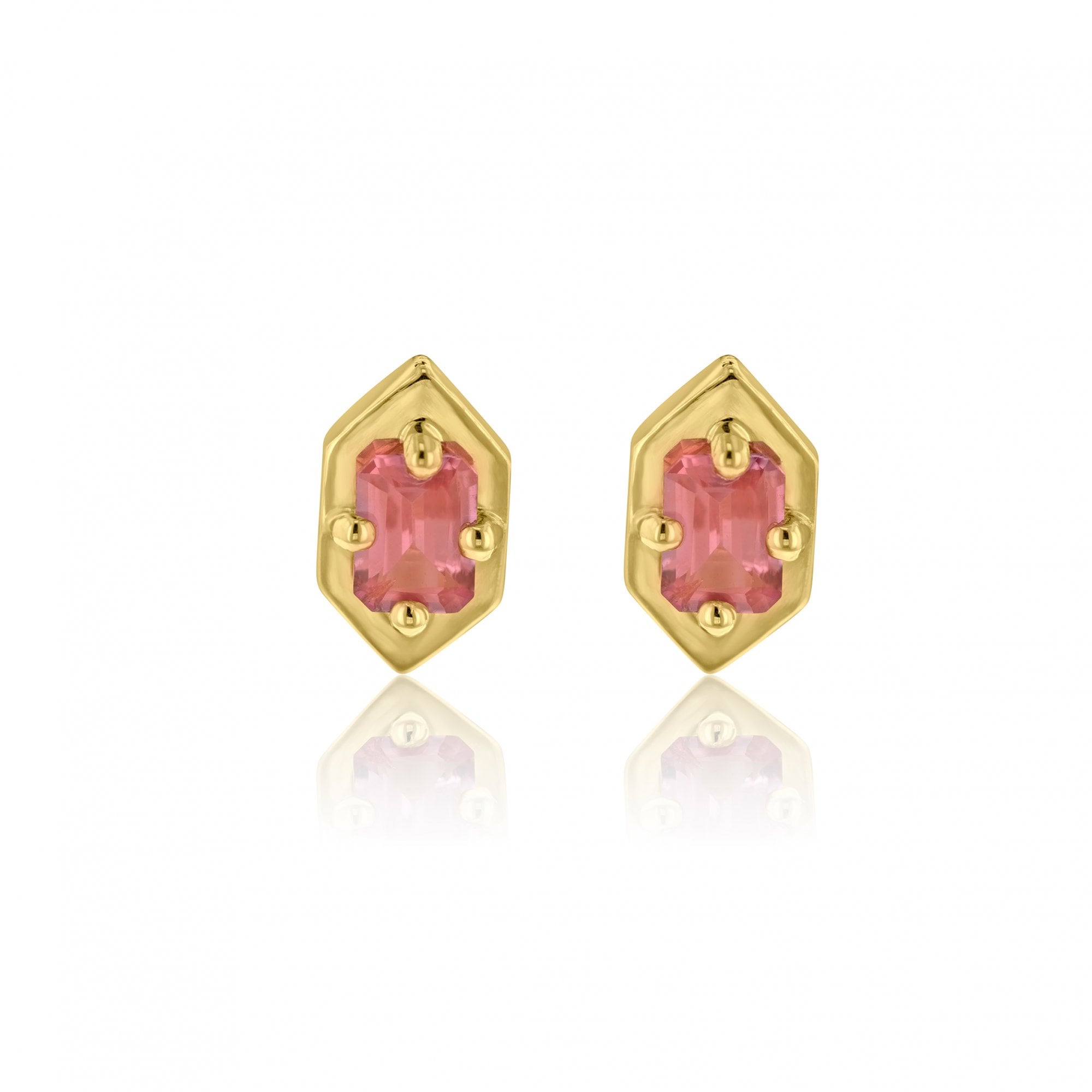 'Beat' Rectangular Step Cut Pink Sapphire Stud Earrings in 18ct Yellow Gold