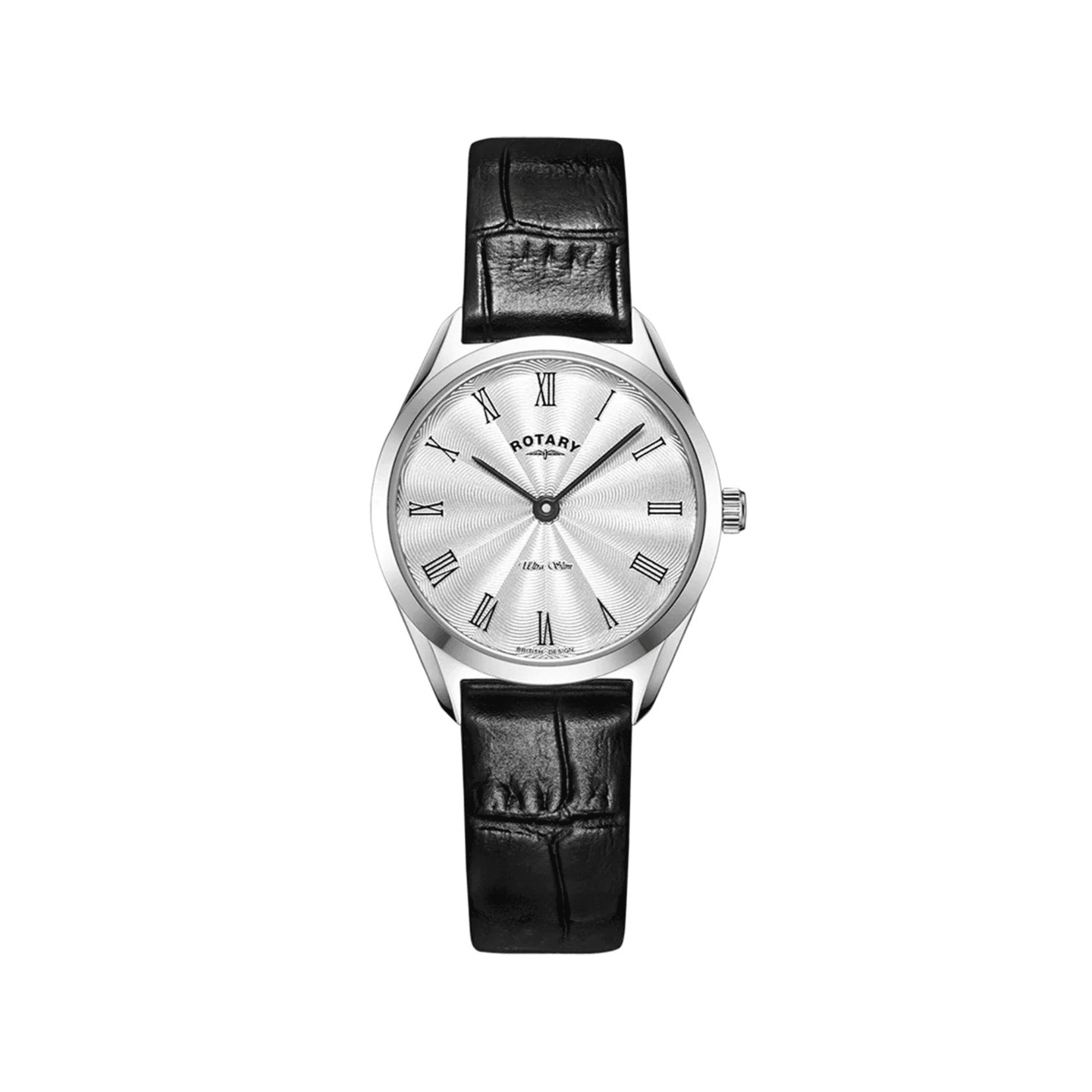 Women's Ultra Slim Stainless Steel Watch with Roman Numerals and a Black Leather Strap