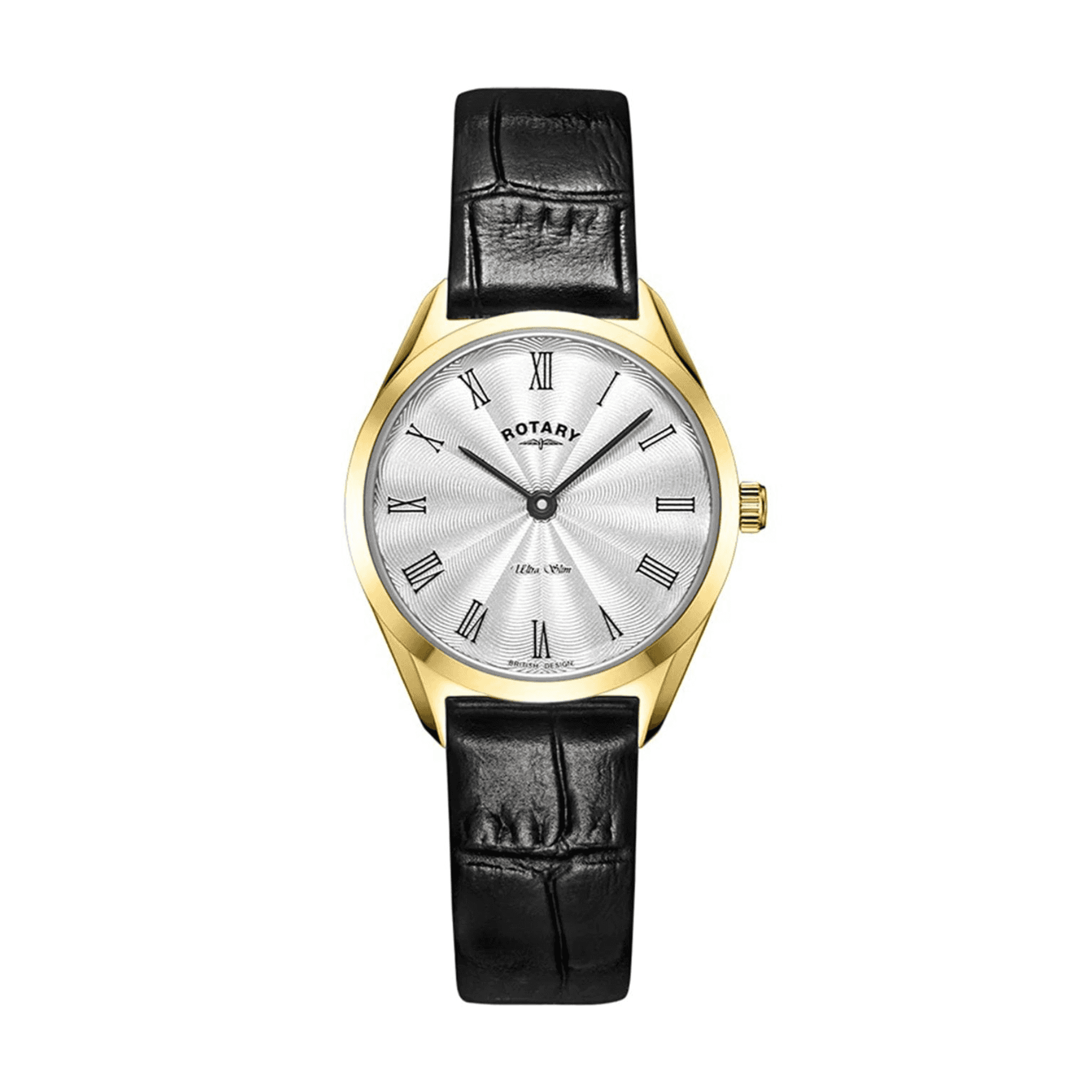 Women's Ultra Slim Watch Finished in Gold PVD with Round Dial and Black Leather Strap