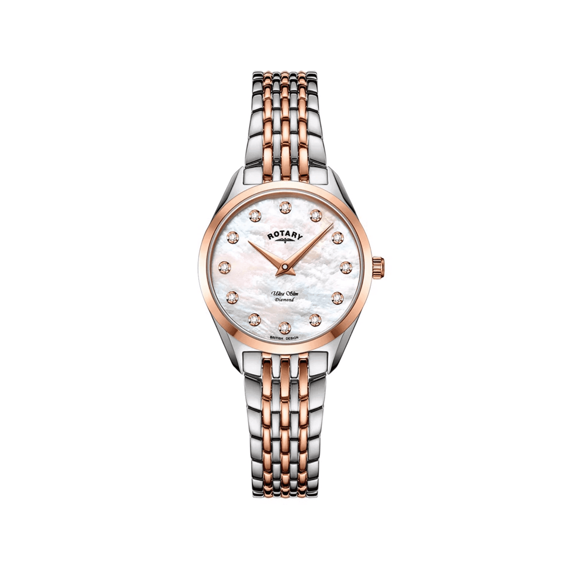 Women's Ultra Slim Steel and Rose Gold Plate with Mother of Pearl and Diamond Dot Dial