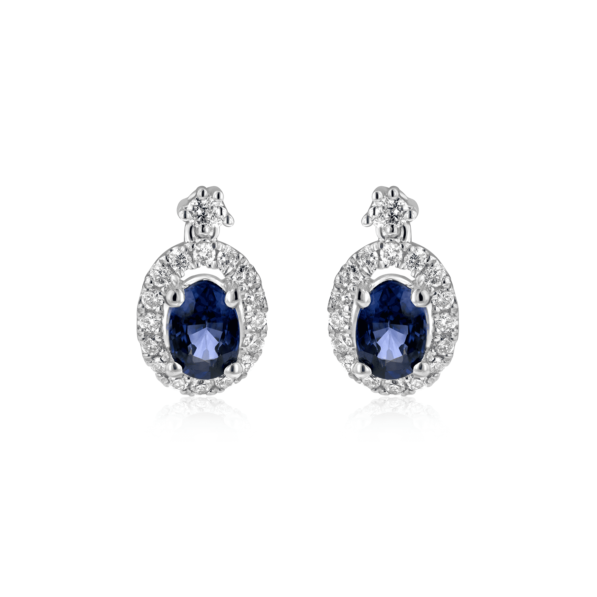 Platinum Oval Sapphire Drops With RBC Diamond Halo Cluster Drop Earrings