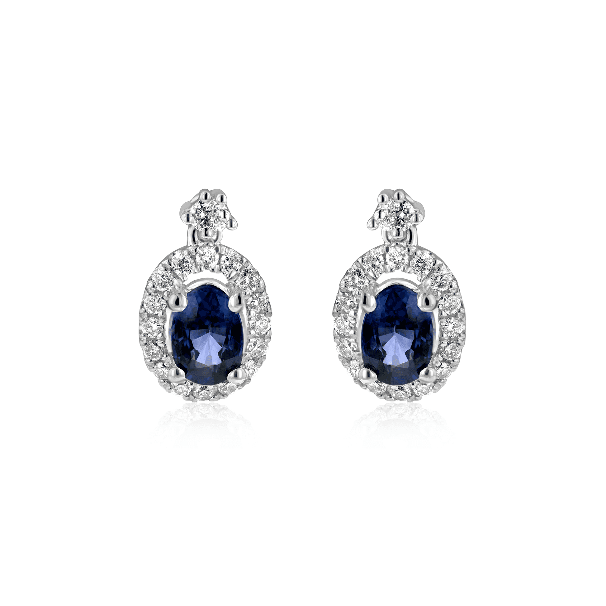 Platinum Oval Sapphire Drops With RBC Diamond Halo Cluster Drop Earrings