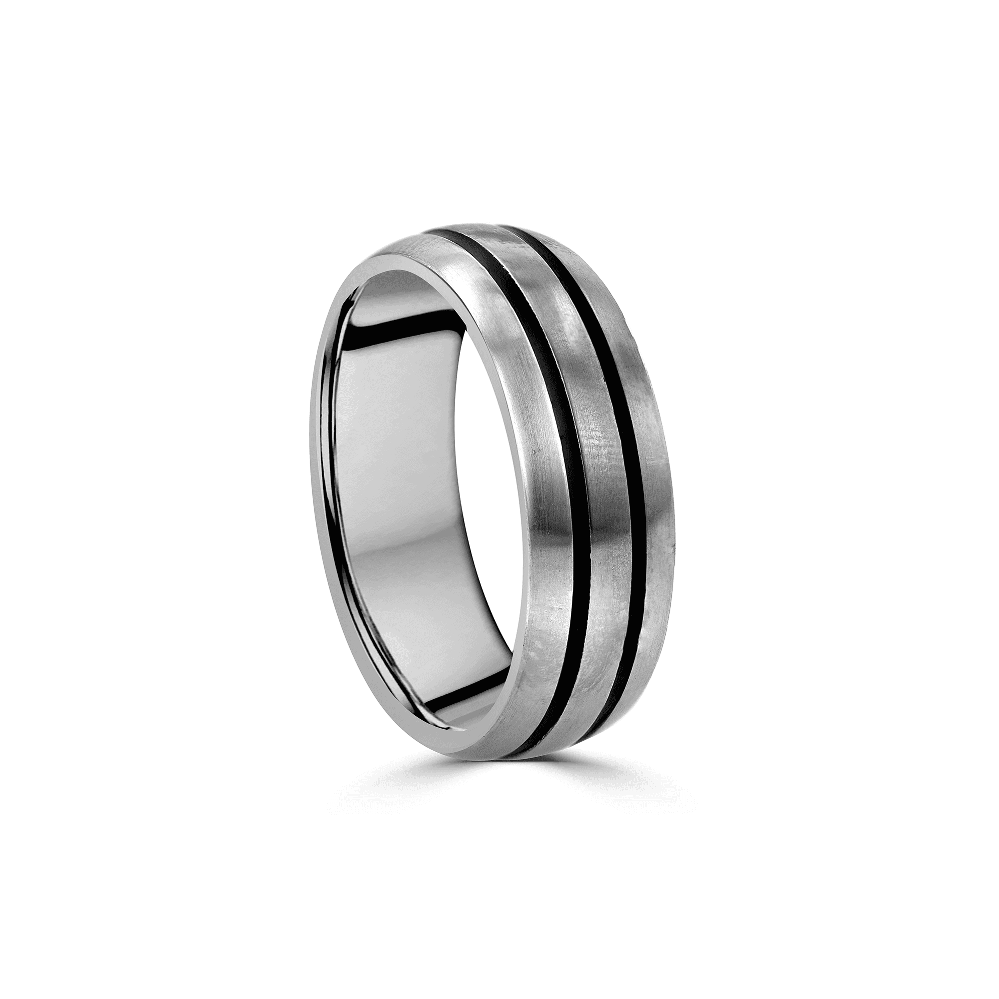 Gents Stainless Steel Court Ring with Black Tramlines