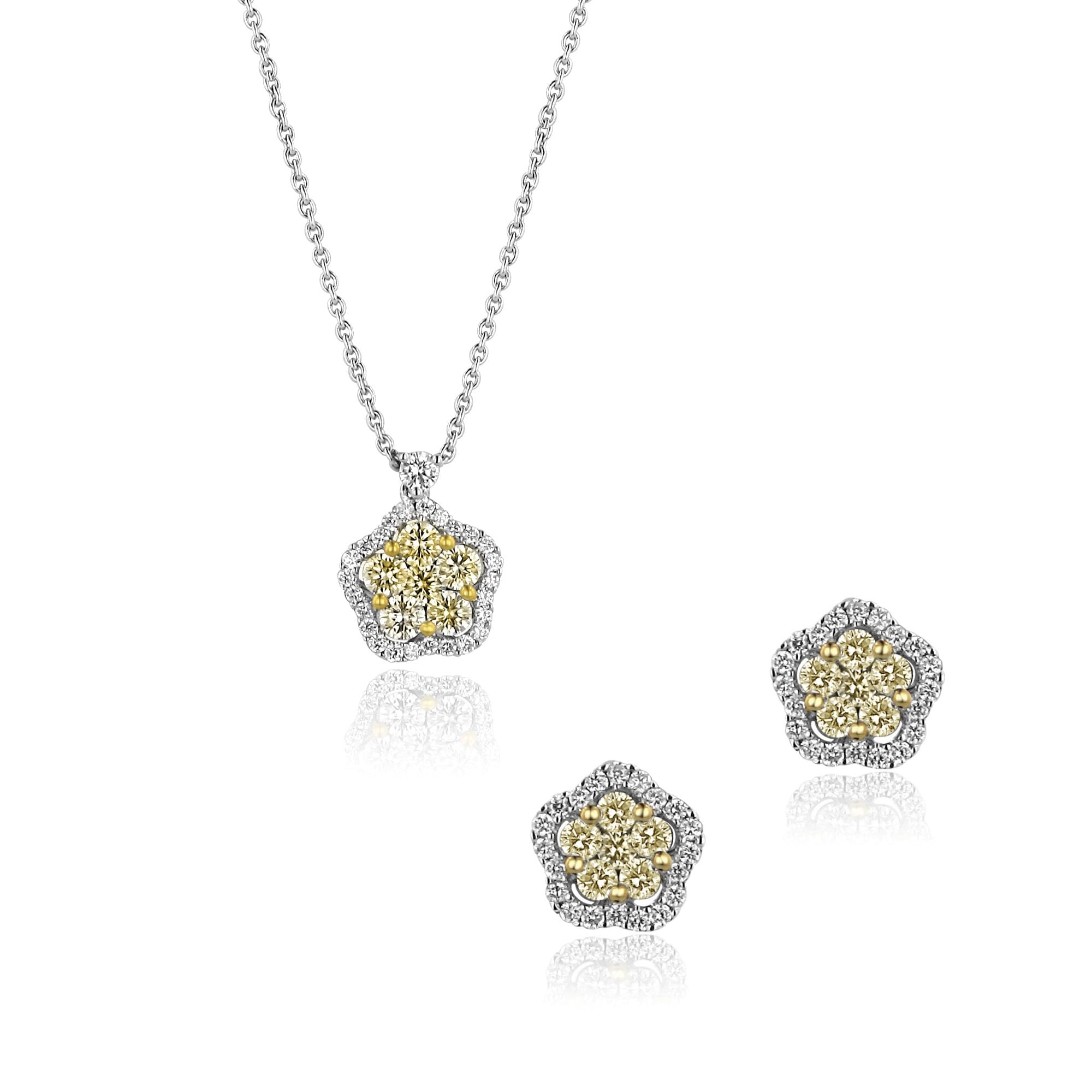 18ct Gold Round Diamond Flower Cluster Necklace and Earrings Gift Set