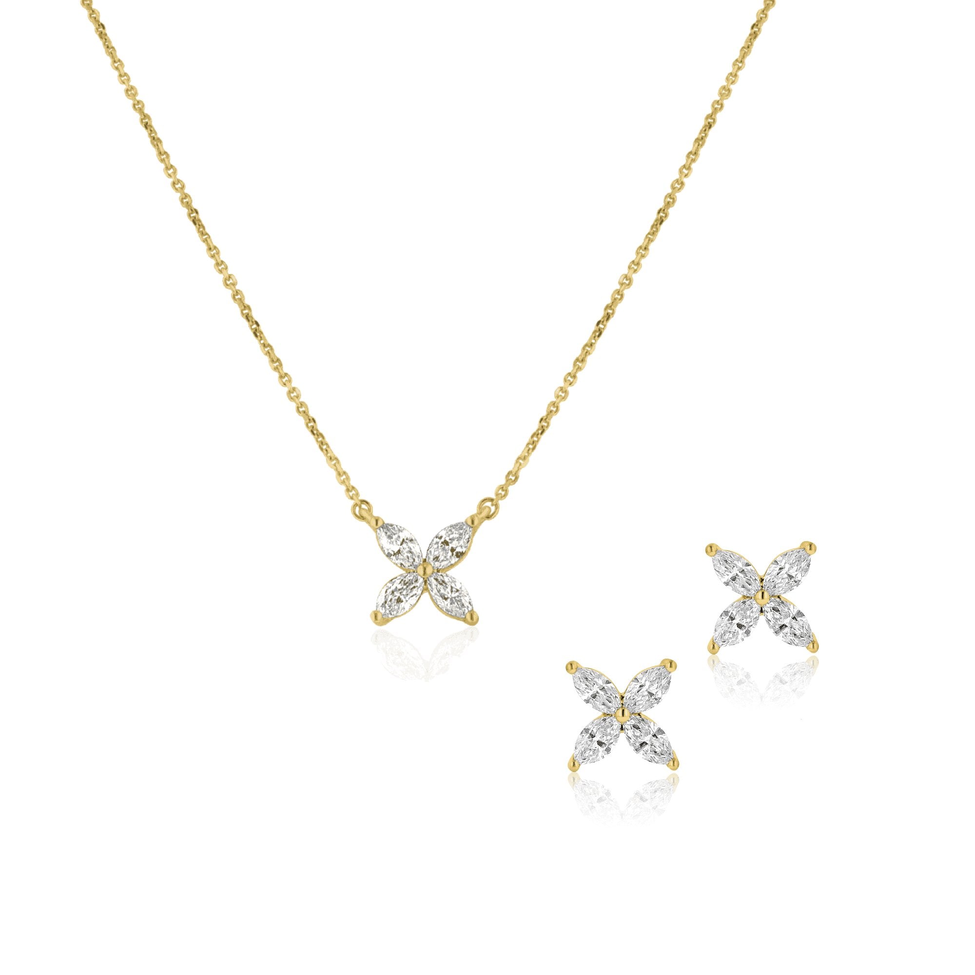 18ct Yellow Gold Marquise Diamond Flower Necklace and Earrings Gift Set