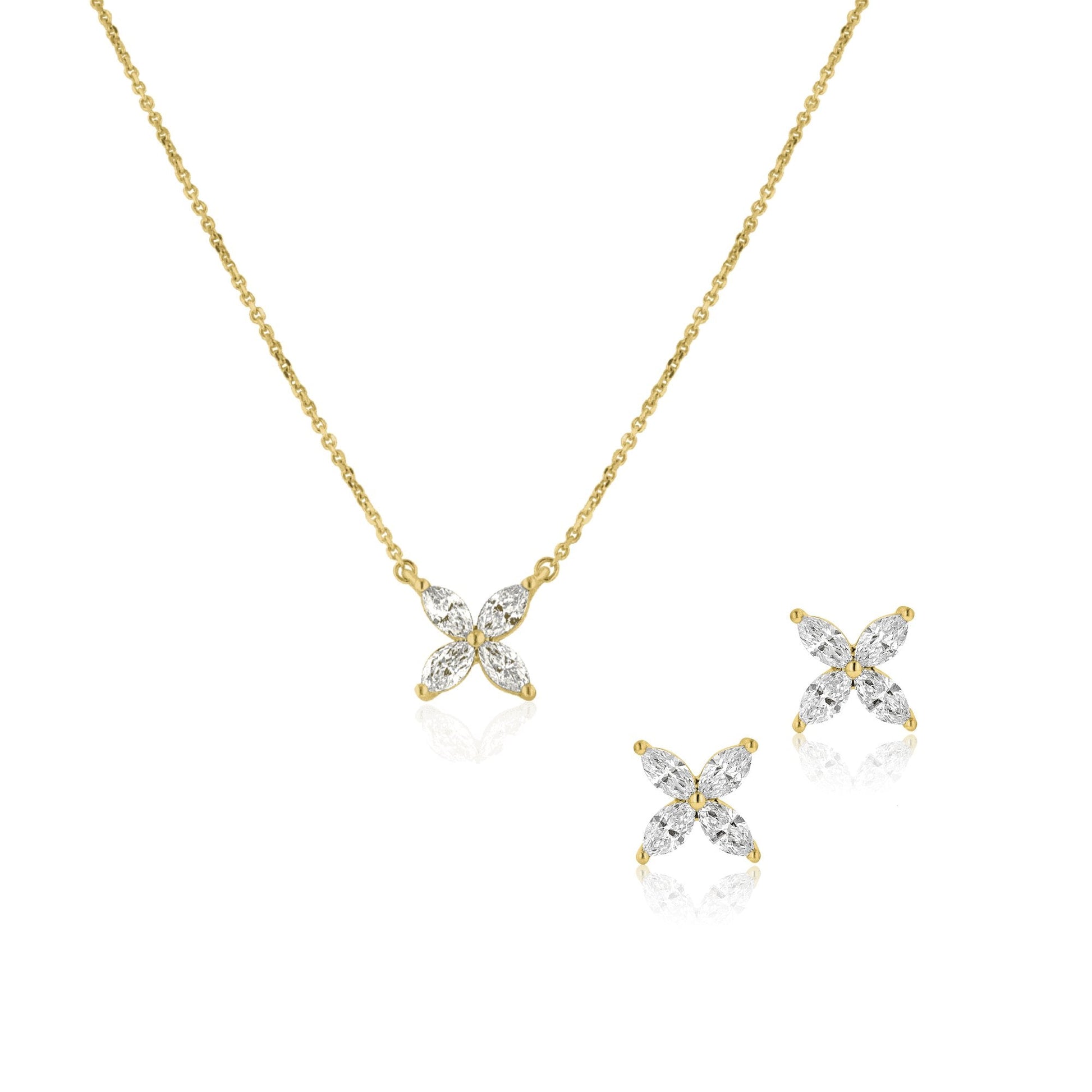 18ct Yellow Gold Marquise Diamond Flower Necklace and Earrings Gift Set