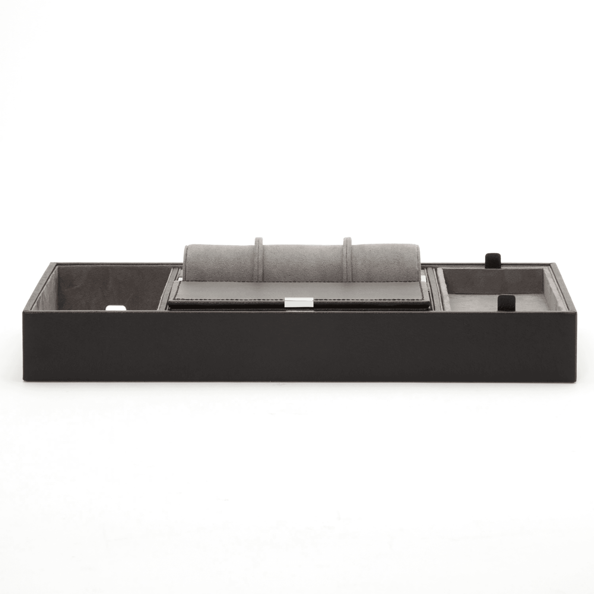 Black Pebble Leather 'Howard' Valet Tray with Jewellery Roll