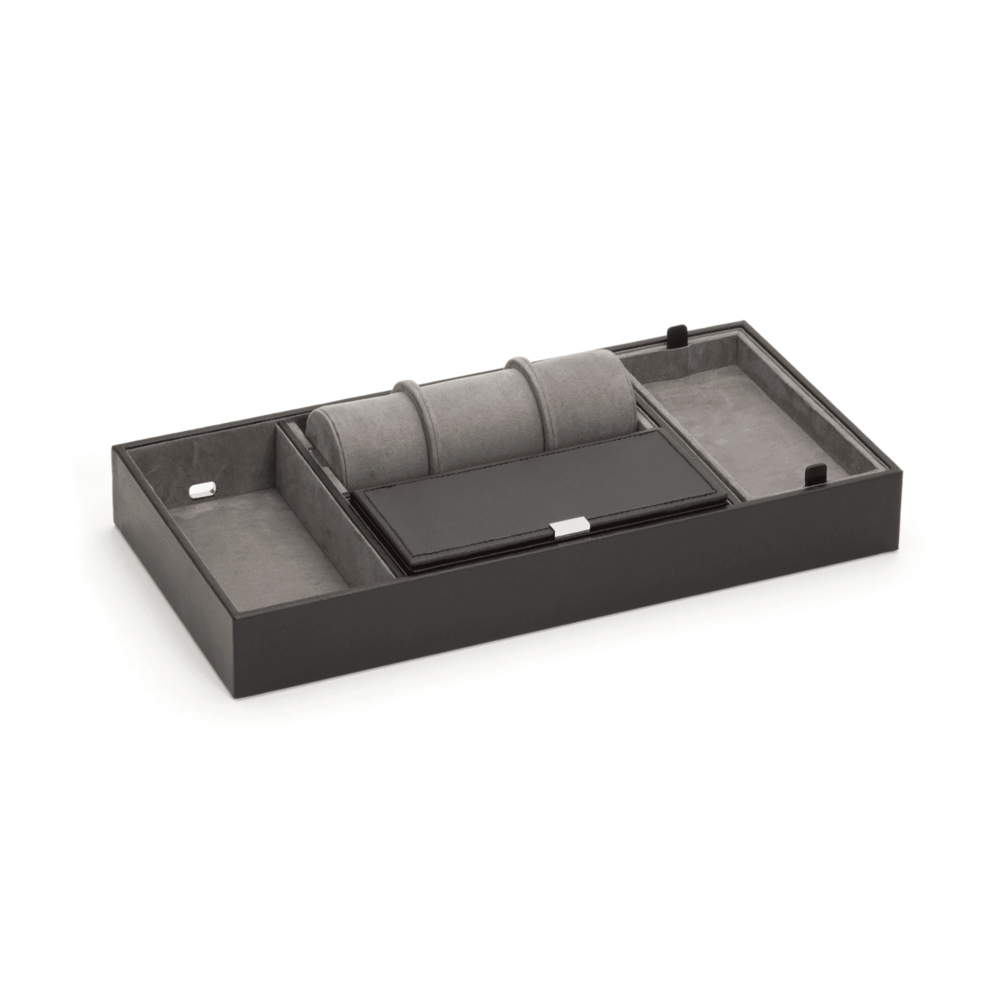 Black Pebble Leather 'Howard' Valet Tray with Jewellery Roll
