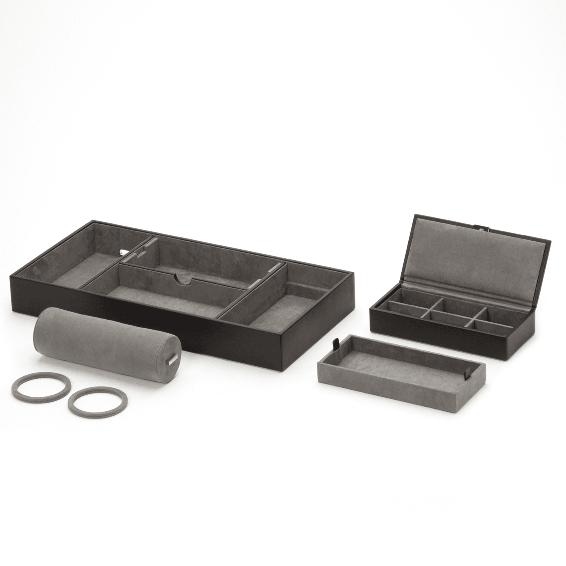 Black Pebble Leather 'Howard' Valet Tray with Jewellery Roll