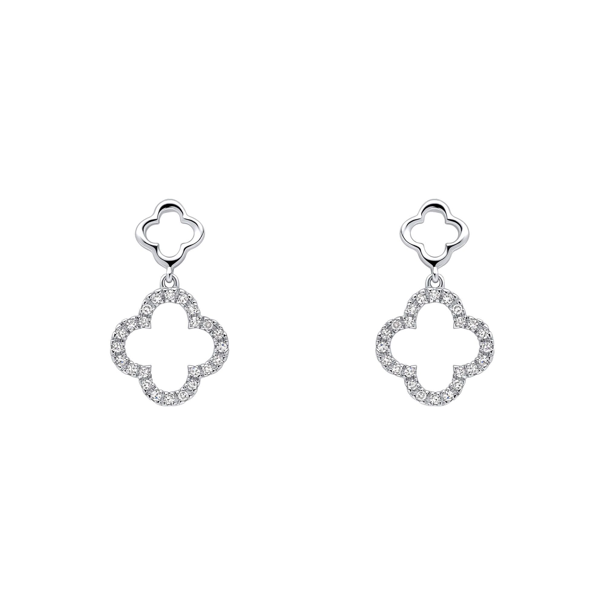 9ct White Clover Leaf Style Diamond Drop Earrings