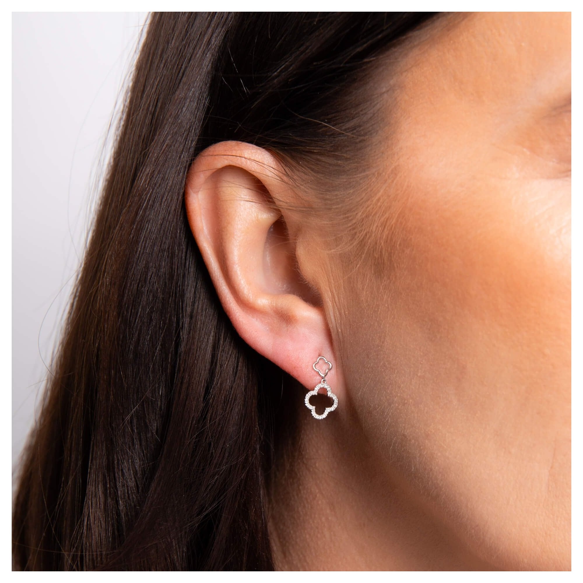 9ct White Clover Leaf Style Diamond Drop Earrings