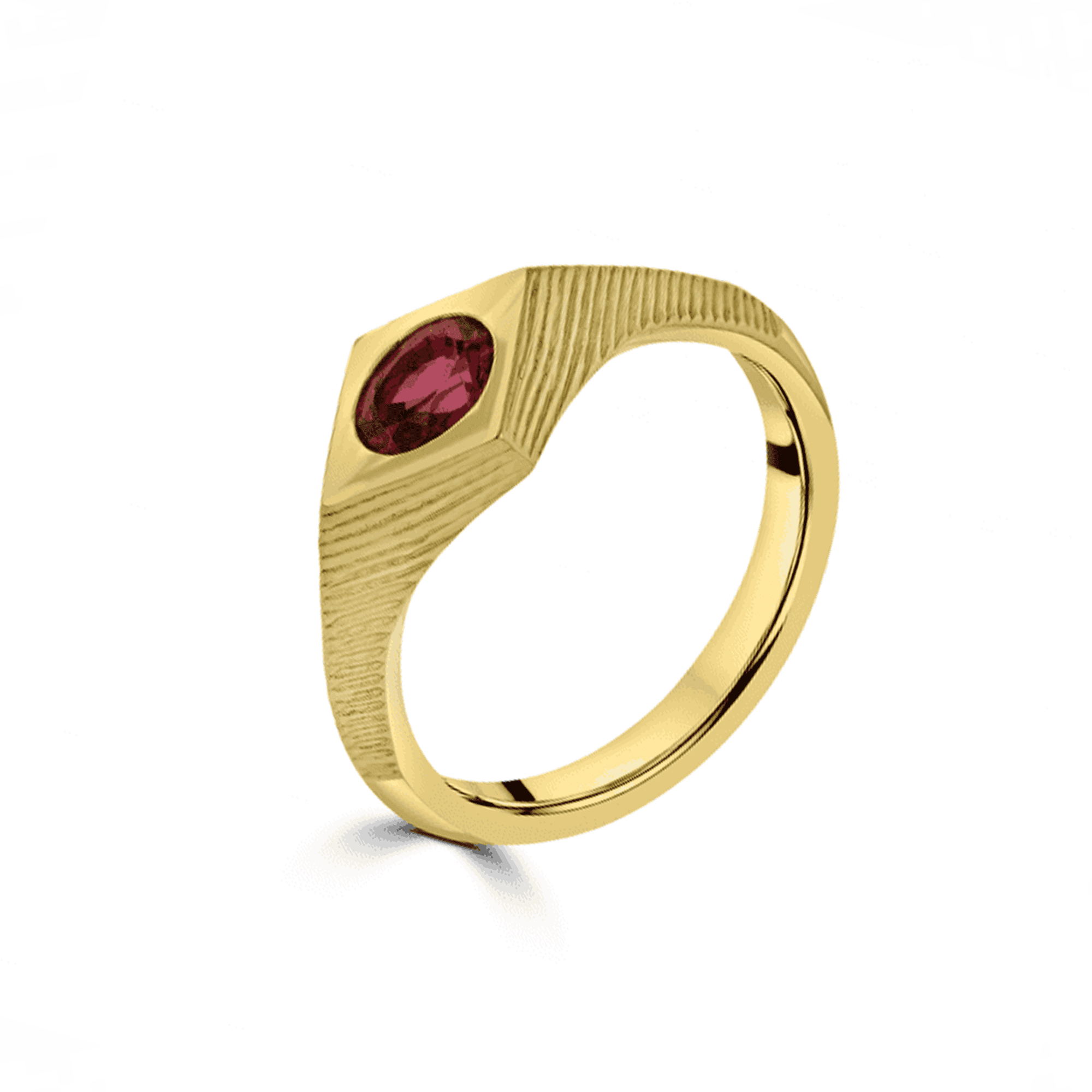 18ct Yellow Gold, Ridge Detail, Flush Set Pink Oval Spinel Dress Ring